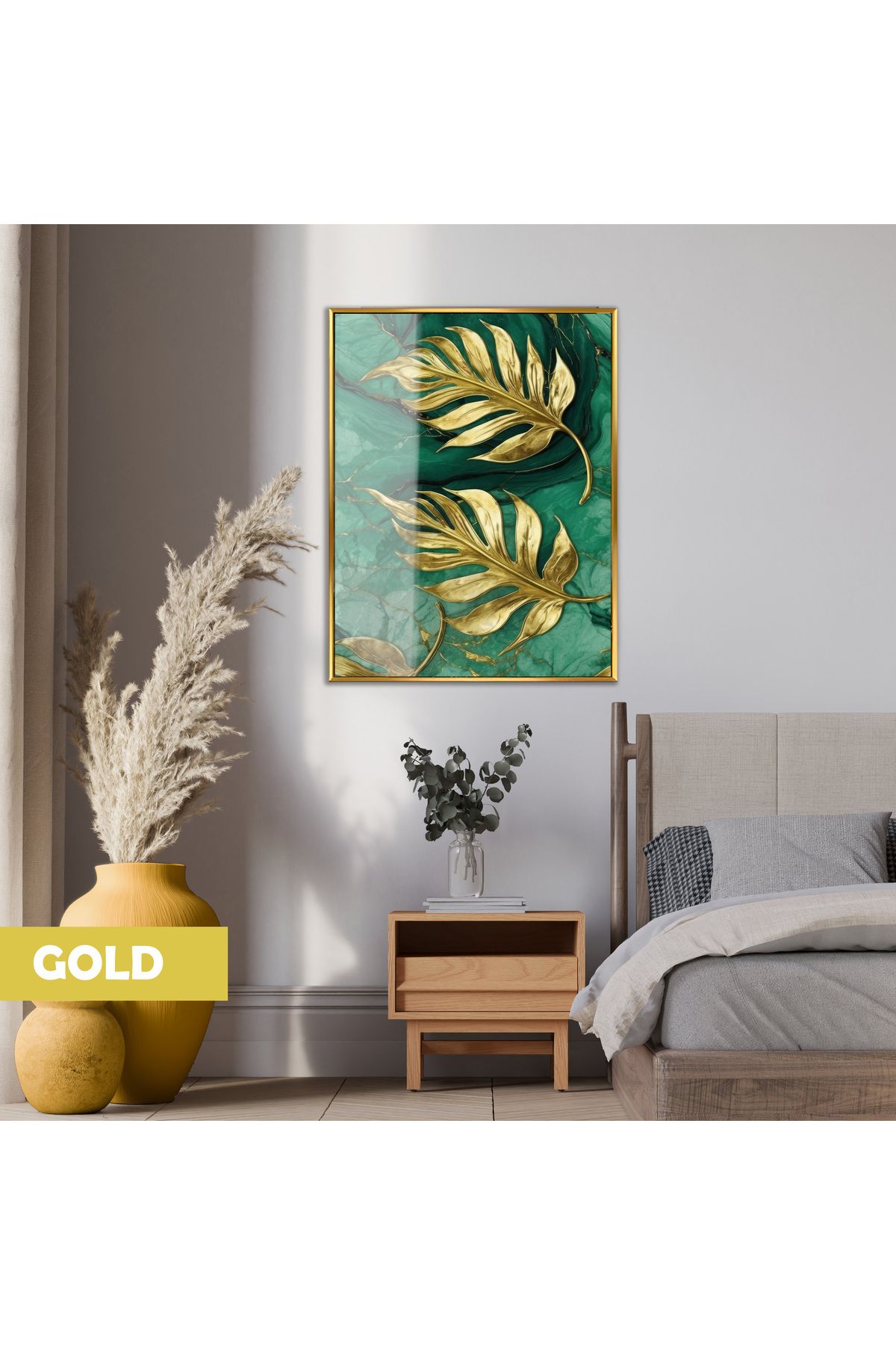 Harikabirev HARİKABİREV|YEŞİL GOLD PALMİYE MODELİ (EMERALD) |ÇERÇEVELİ TEMPERLİ CAM TABLO TEKLİ DİKEY