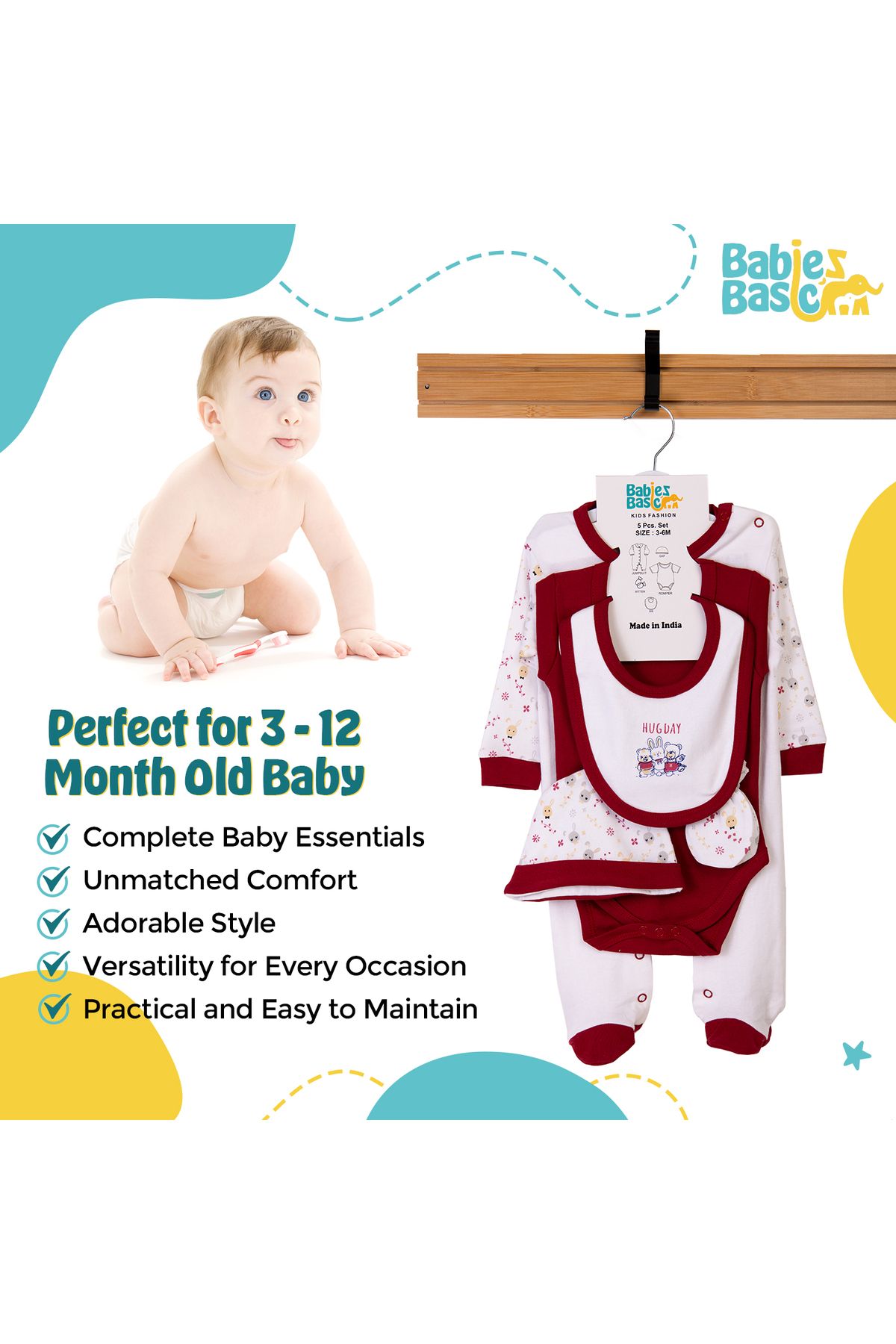 Babies Basic-5 piece New Born Set include Bib, Romper, Mittens, Cap, Sleepsuit- Hug Day, Red 3