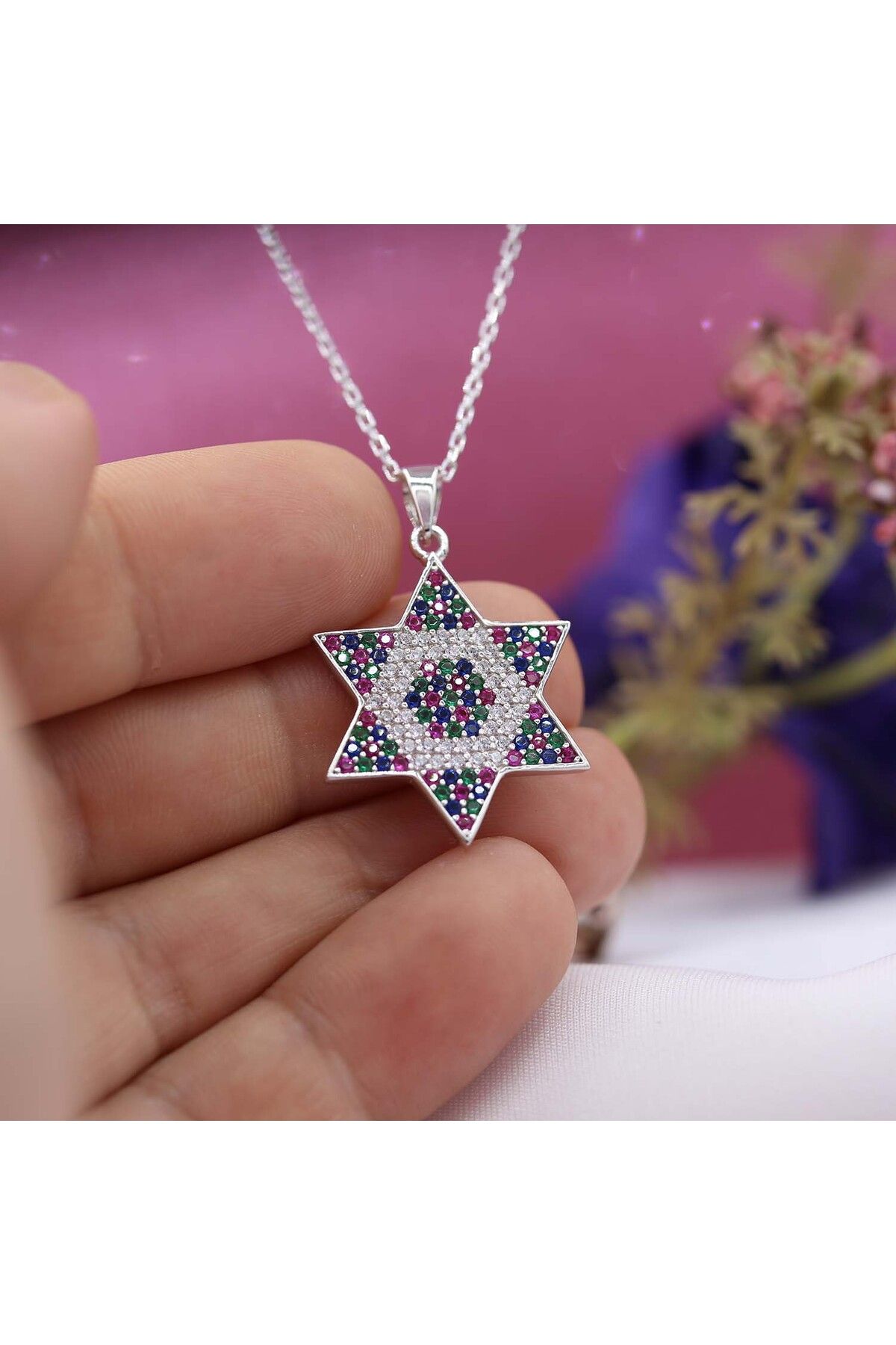 Takı Boom Davut Yıldızı Kolye – Gümüş Yahudi Kolye, Kadınlar İçin Manevi Kolye - Miks Taşlı Kolye