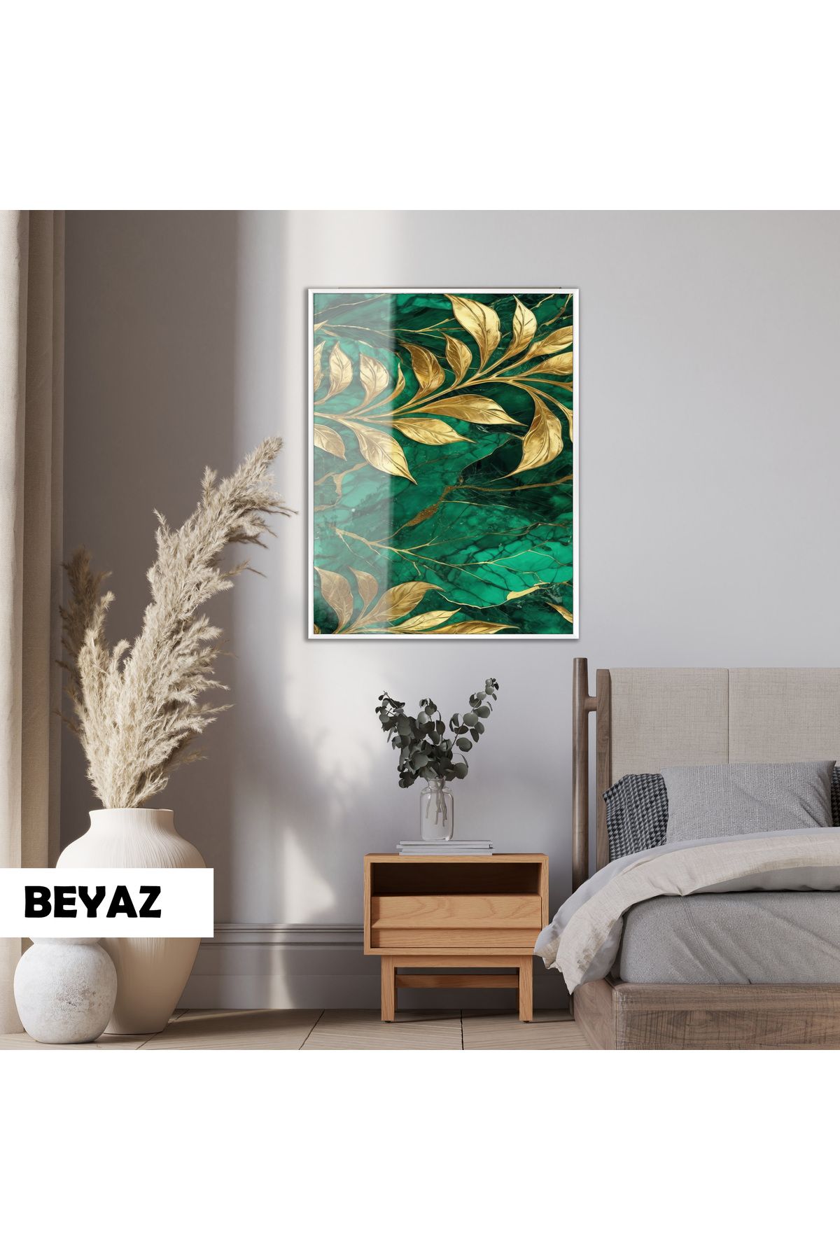 Harikabirev HARİKABİREV|YEŞİL GOLD YAPRAK DESENİ(EMERALD)|ÇERÇEVELİ TEMPERLİ CAM TABLO TEKLİ DİKEY
