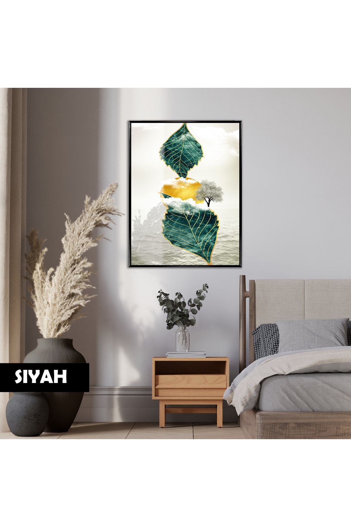 Harikabirev HARİKABİREV|YEŞİL-GOLD YAPRAK MODERN MODEL|ÇERÇEVELİ CAM |ÇERÇEVELİ TEMPERLİ CAM TABLO TEKLİ DİKEY