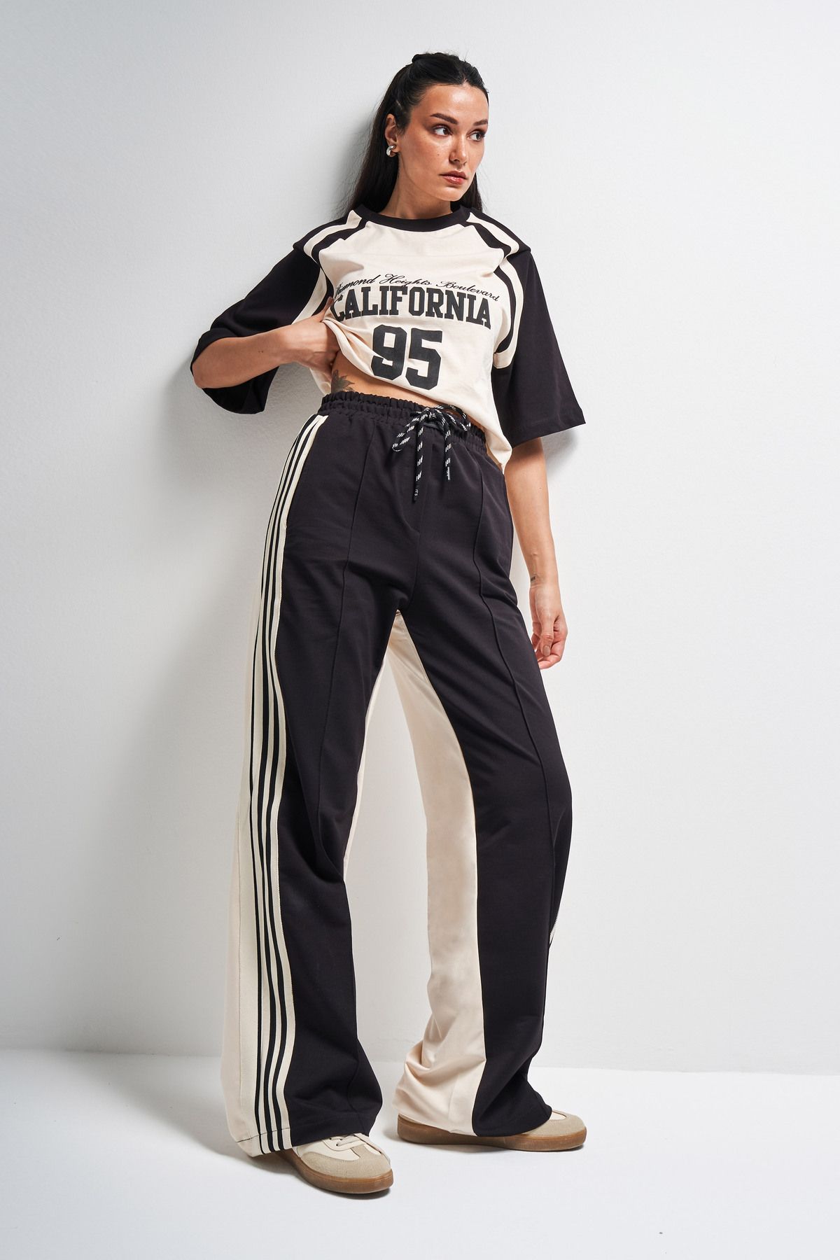 its basic-Trening pentru femei, mai multe culori S5-crem, negru, tricotat, tricou supradimensionat, combinație de 2 piese 3