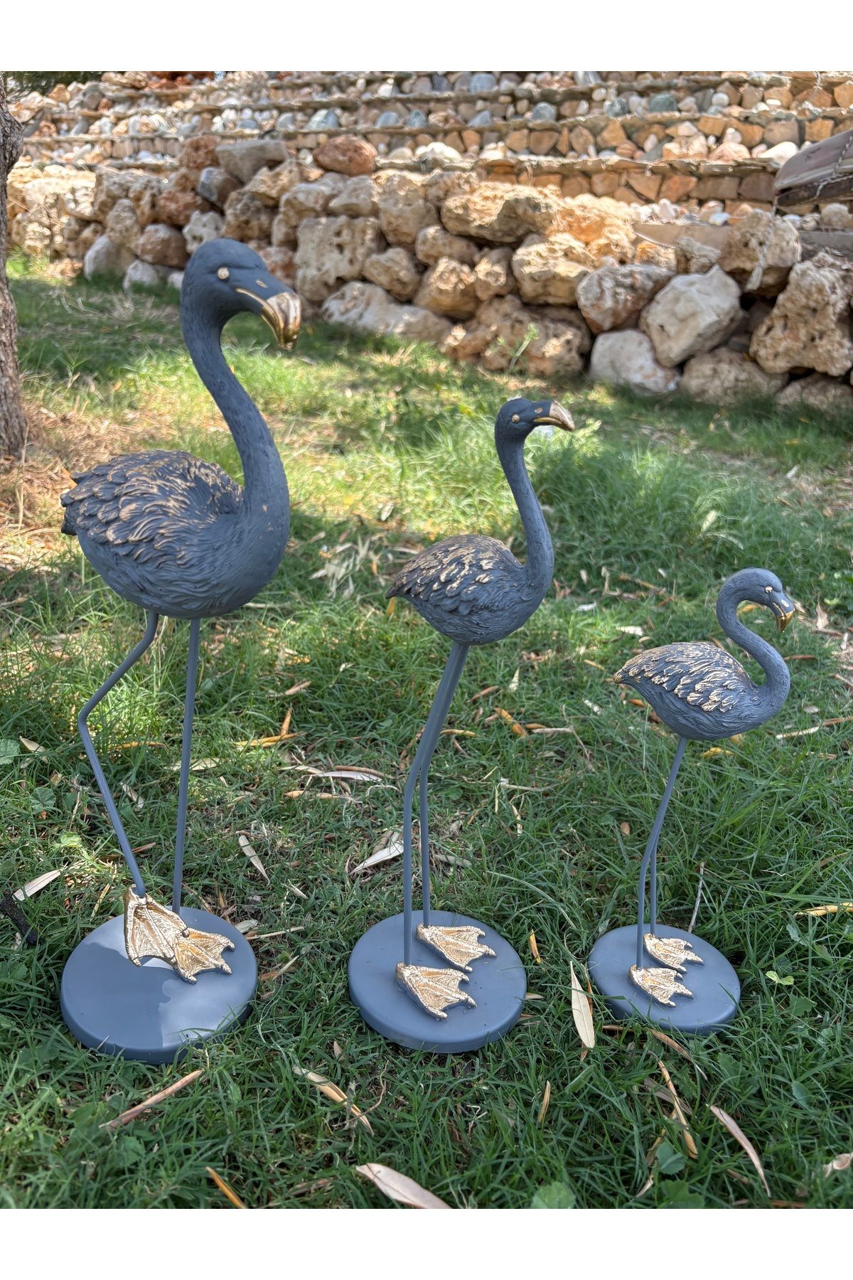 cemfa 3 li flamingo Gri Gold Renkli Bahçe Balkon Vitrin Süsü
