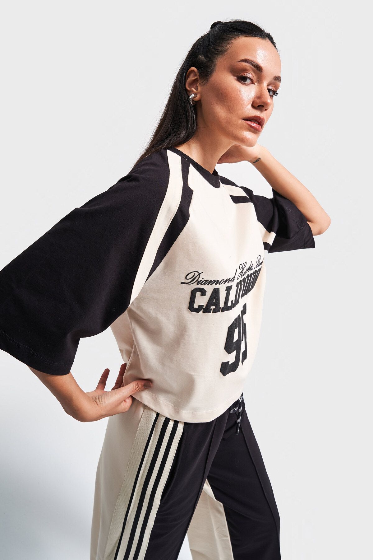 its basic-Trening pentru femei, mai multe culori S5-crem, negru, tricotat, tricou supradimensionat, combinație de 2 piese 5