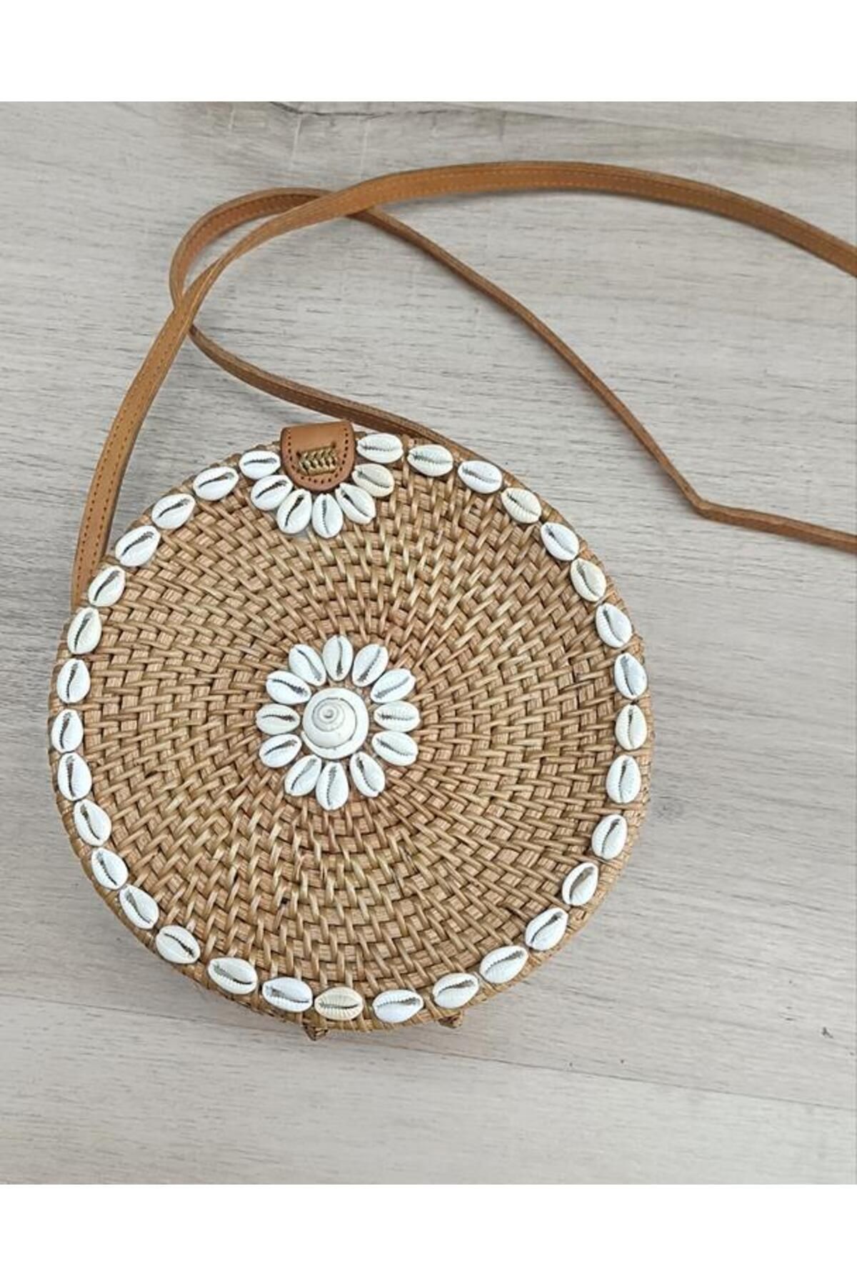 Hd Marketim Çanta Bambu Rattan El Yapımı Deniz Kabuklu Yuvarlak Deri Askı Kadın Hasır Omuz Çantası 17954