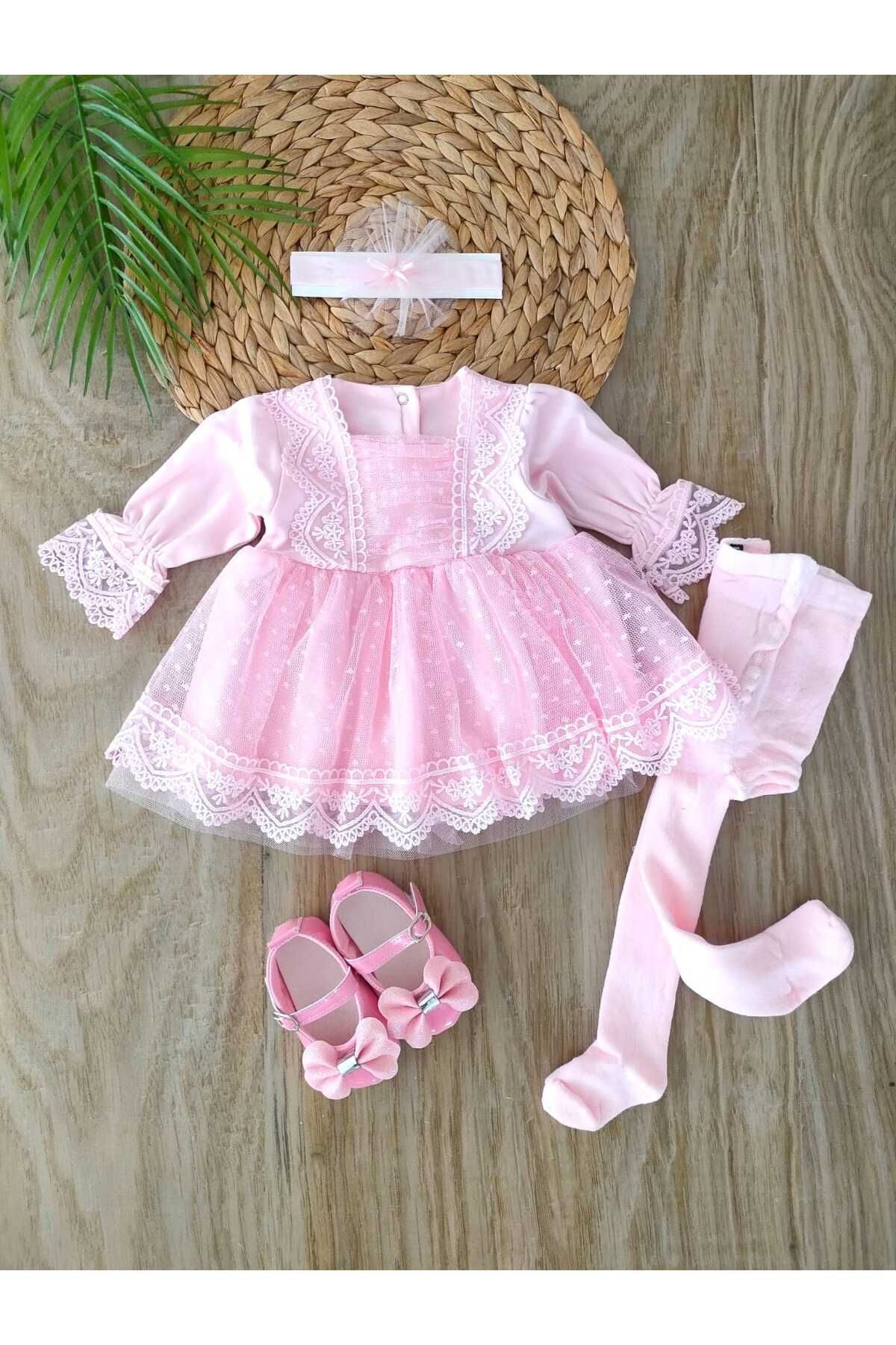 bebe kervanı Kız bebek %100 Pamuklu Fransız Dantelli Babet Ayakkabılı Mevlit takımı Özel Gün Elbisesi BBK1317
