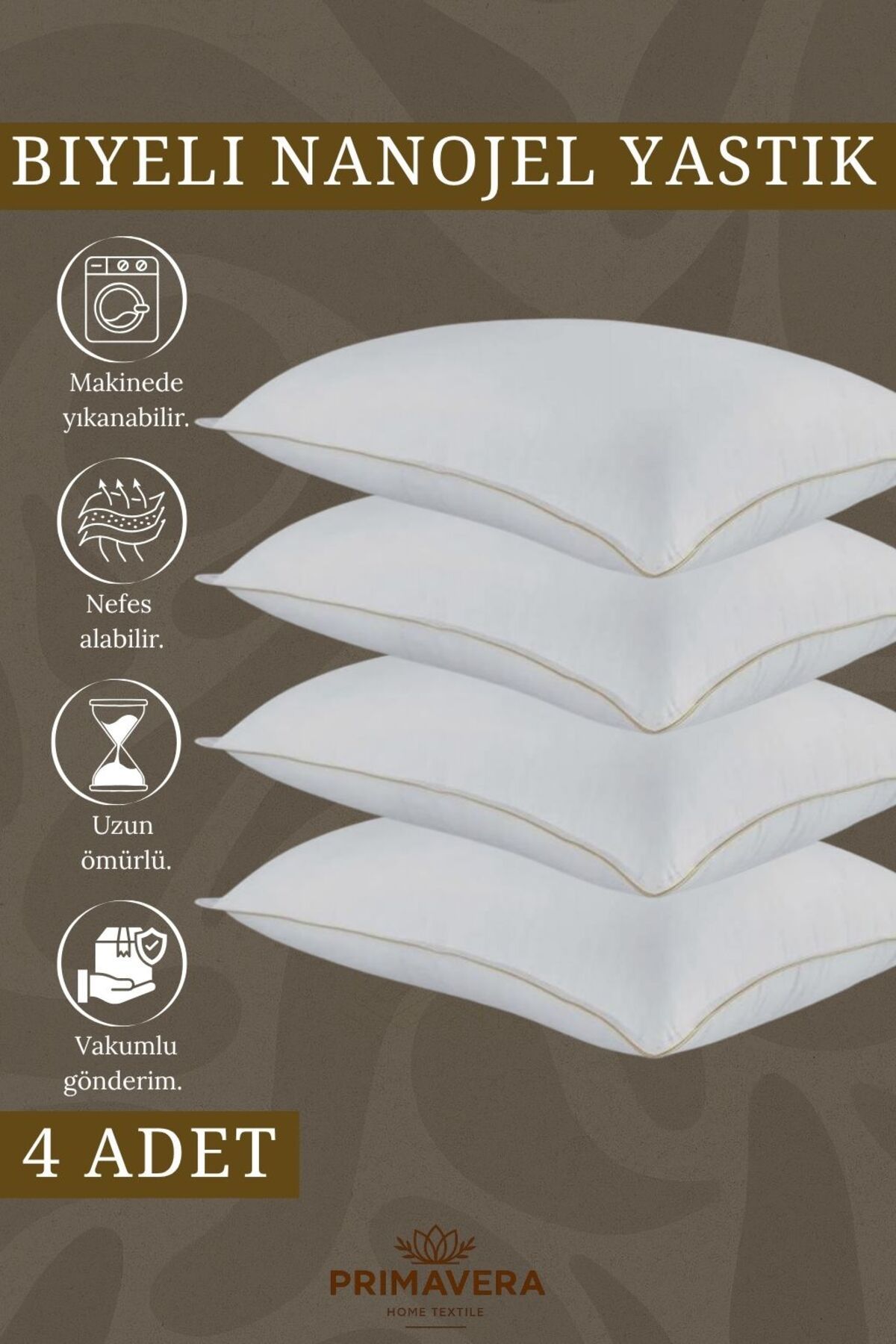 Primavera Home Clouda Serisi 4’lü Nanojel Yastık (800 GR) – Makinede Yıkanabilir, Vakumlu Paket