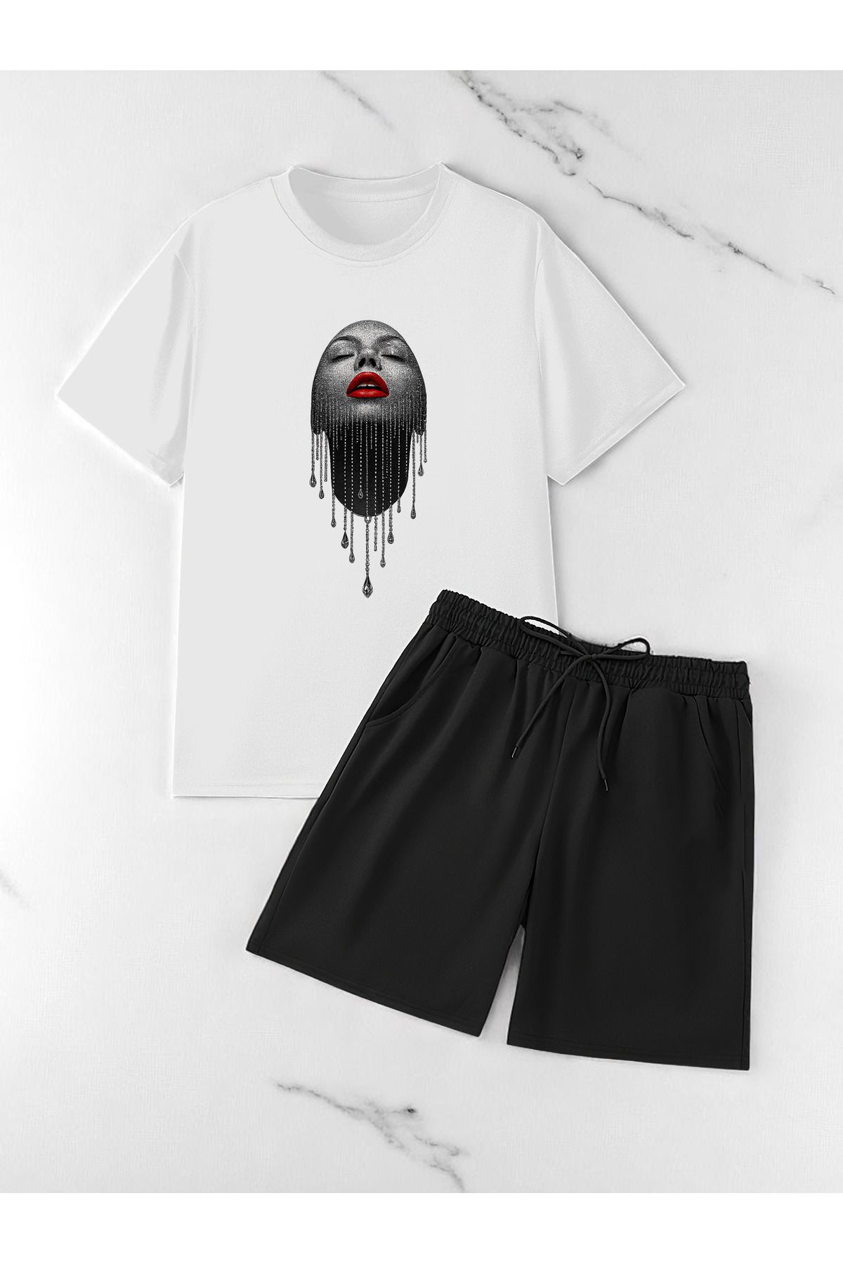 uyguntarz Unisex Pırlantalı Kadın Portresi Tasarım Basklı Tshirt Şort Takımı
