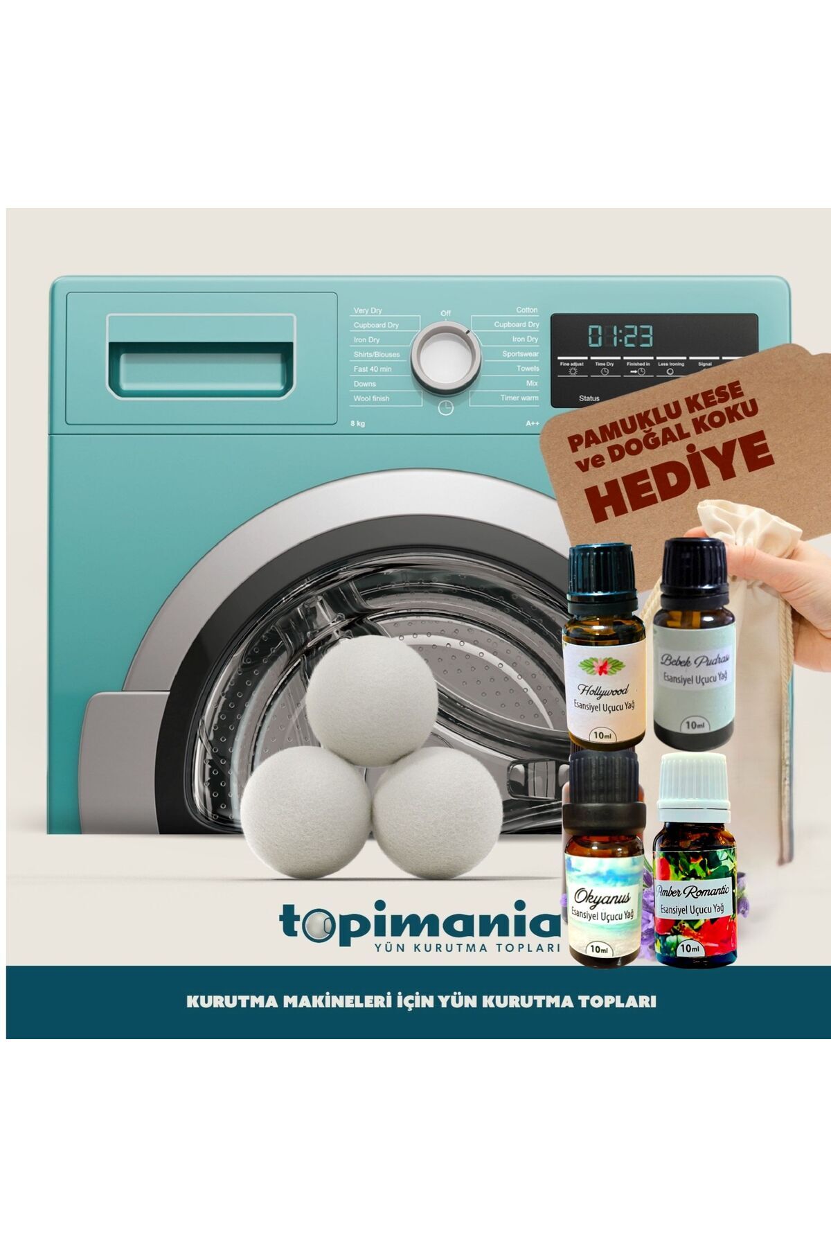 Topimania Yün Kurutma Topları 3 Adet Xxl Doğal Yerli Üretim Çamaşır Yün Kurutma Topu 4 Adet 10 ml Esans - Kurutma Makinesi Için