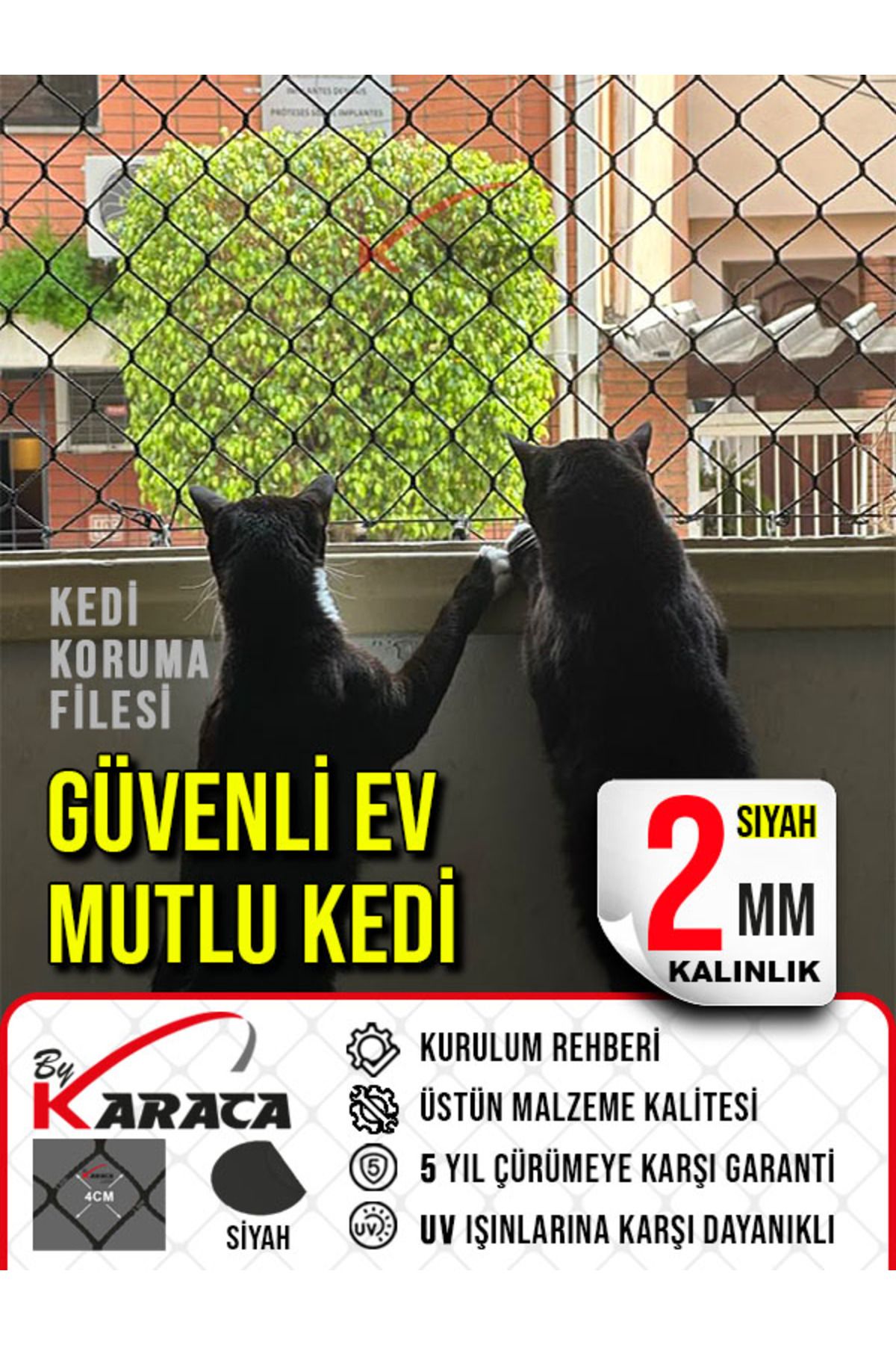 KARACAFİLE Kedi Güvenlik Filesi 1.5x3 Metre - Siyah Renk, 2mm Ip Kalınlığı, 4x4 Cm Gözenek Montaj Aparatları