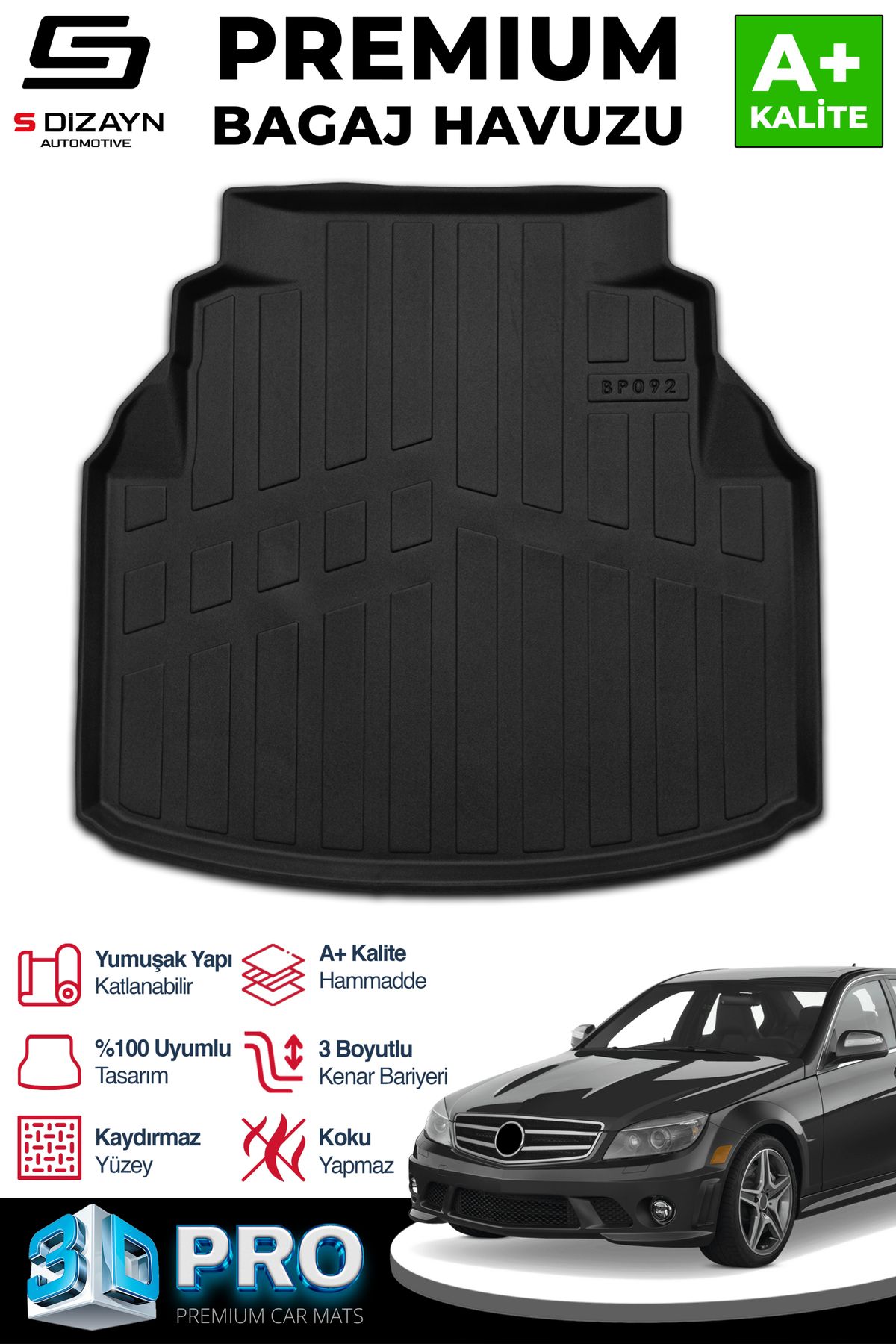 Life Tuning S-Dizayn Mercedes C180 W204 3D Pro Plastik Setli Bagaj Havuzu 2007-2014 A+ Kalite