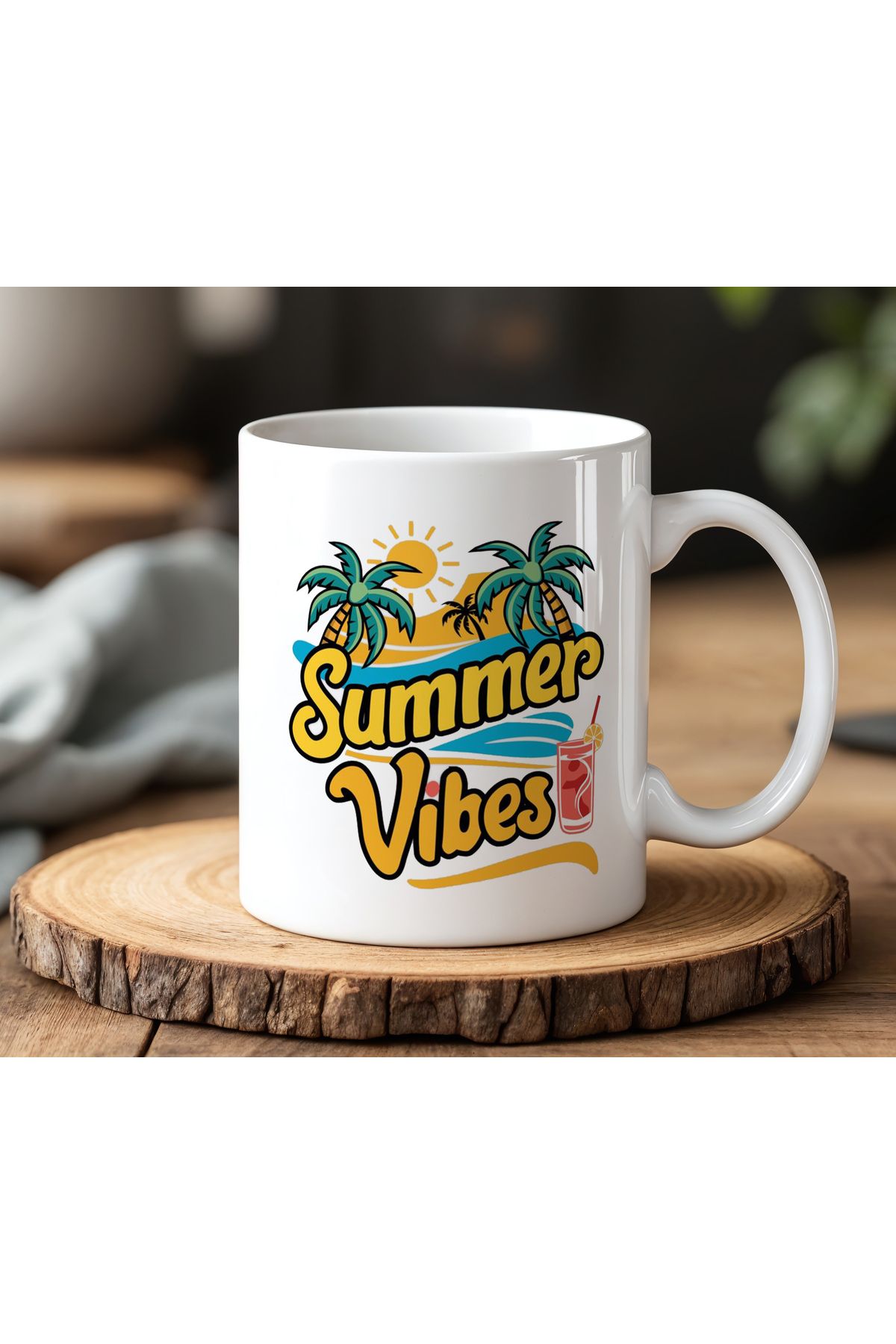 BB TRADE Summer Vibes Tasarımlı Beyaz Seramik Baskılı Kupa Bardak 330ml