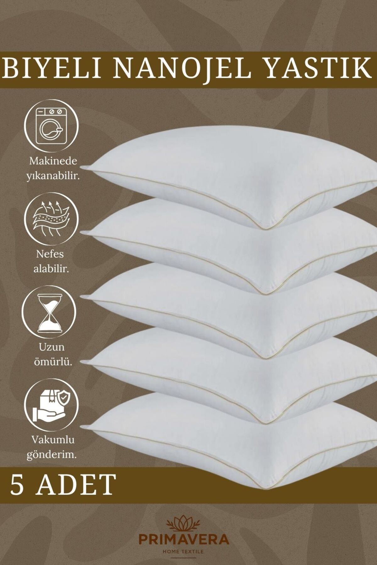 Primavera Home Clouda Serisi 5’li Nanojel Yastık (800 GR) – Makinede Yıkanabilir, Vakumlu Paket