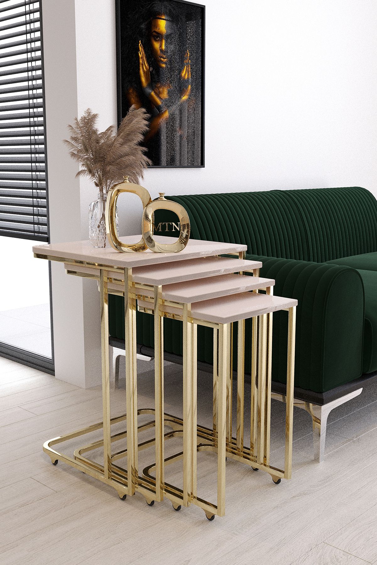 Nies Aksesuar 4'lü Kare Zigon Tekerlekli Gold Kaplama Krem Mdf Mebran