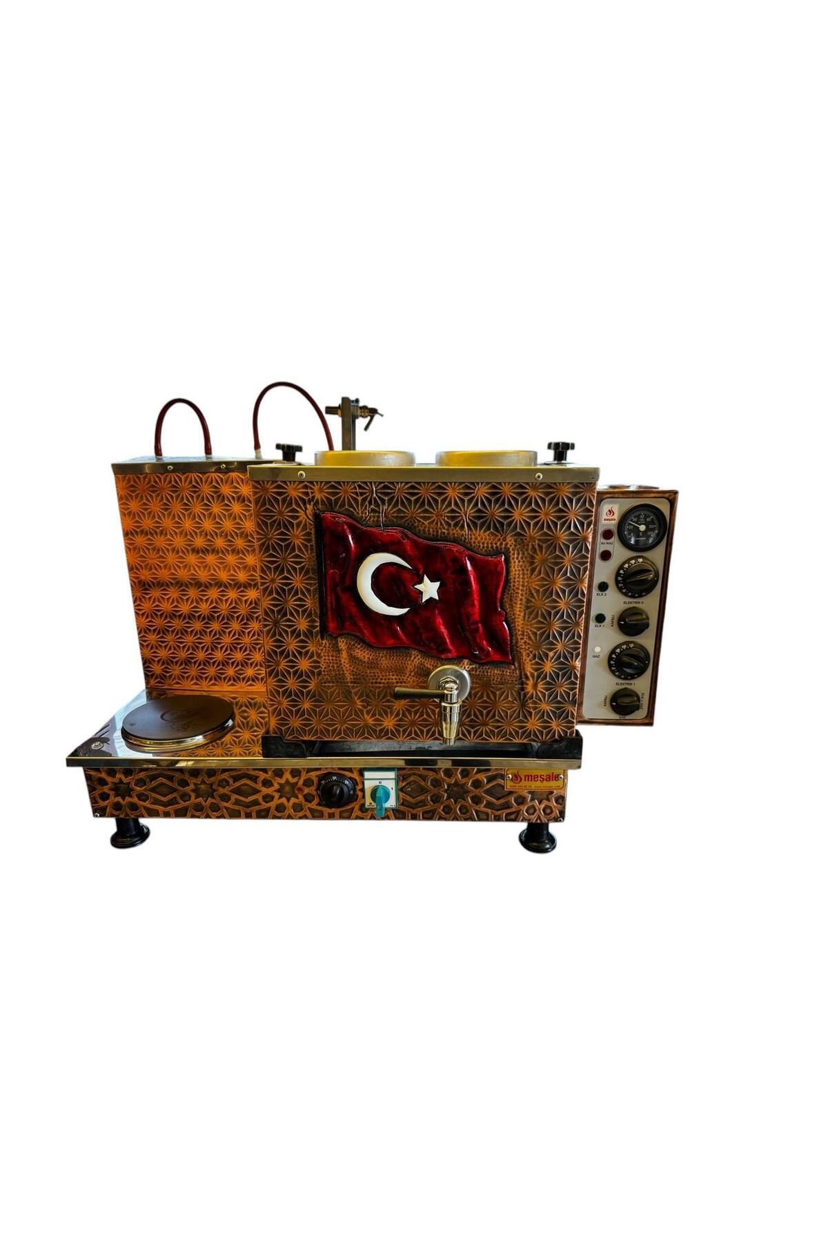 Meşale 2 Demlikli Antik Bakır Türk Bayraklı Full Elektrikli Çay Kazanı
