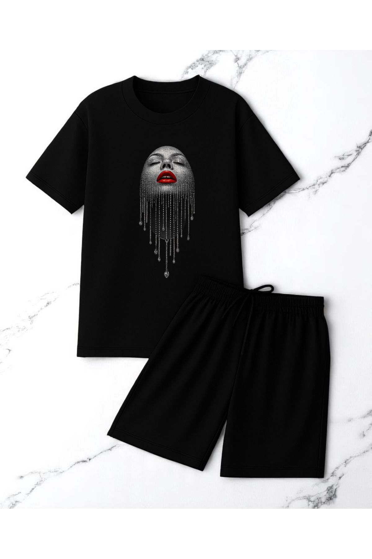 uyguntarz Unisex Pırlantalı Kadın Portresi Tasarım Basklı Tshirt Şort Takımı