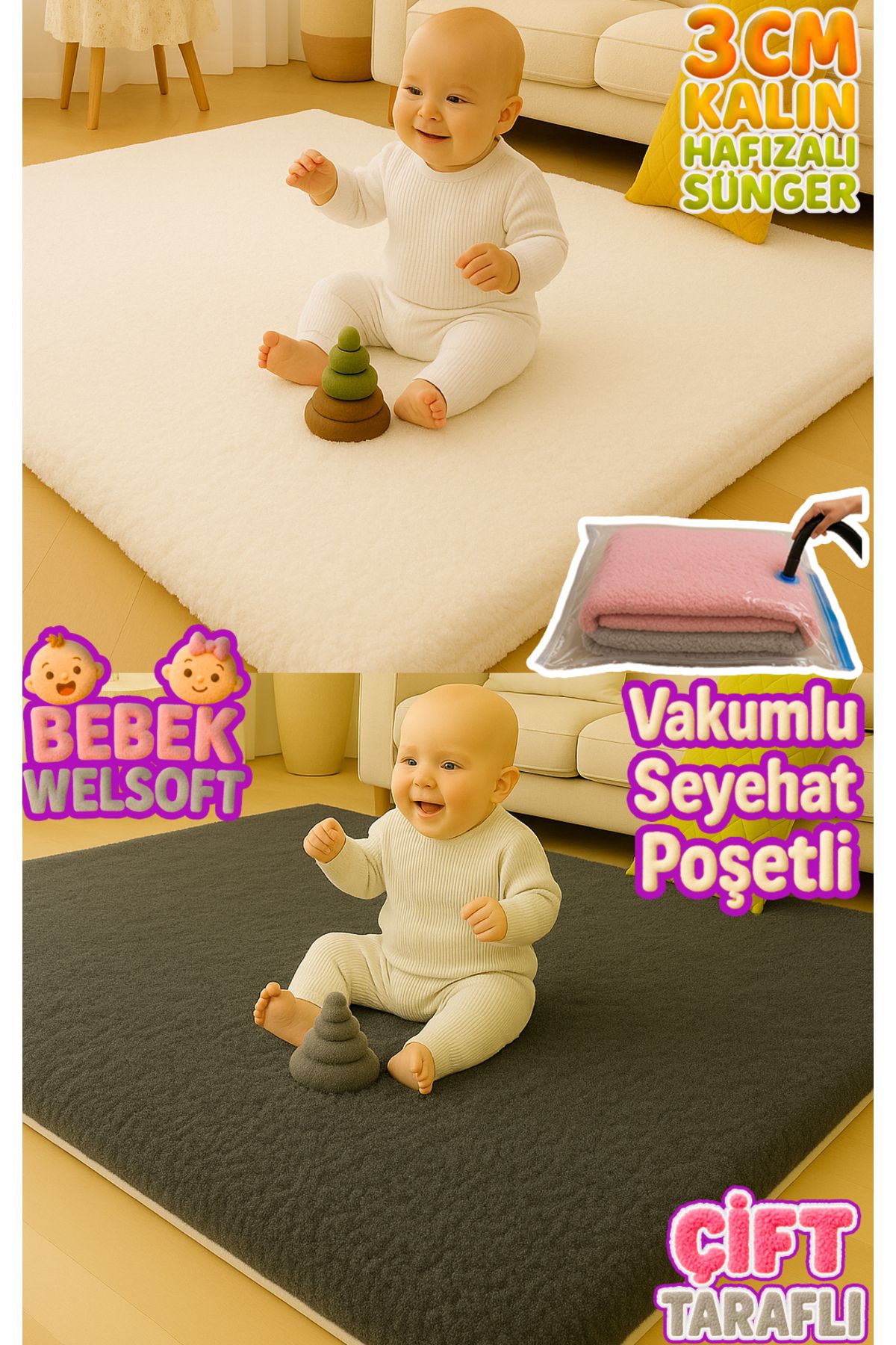 Carpetella 3 cm Kalın Çift Taraflı Welsoft Bebek Oyun Matı | Taşınabilir Vakum Poşetli Çocuk Halısı