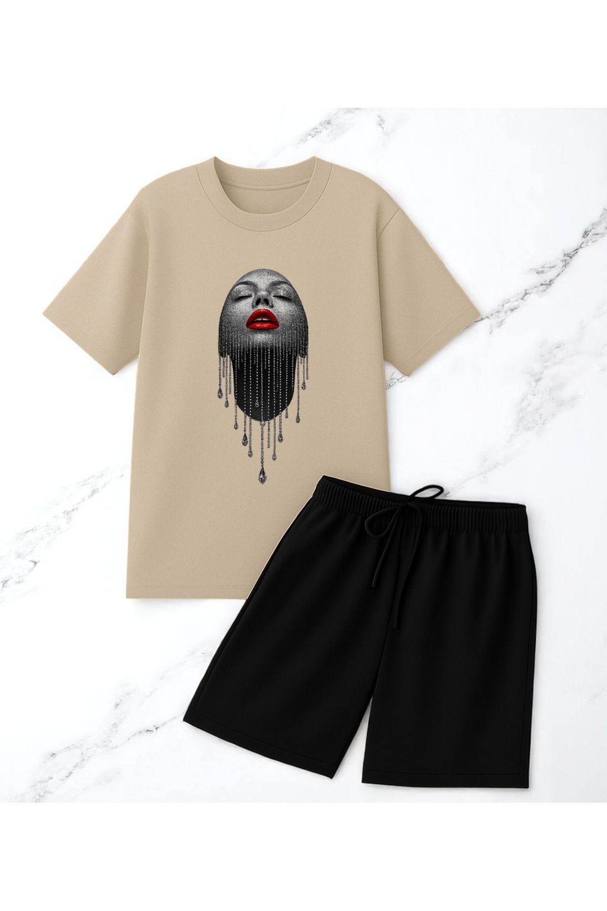 uyguntarz Unisex Pırlantalı Kadın Portresi Tasarım Basklı Tshirt Şort Takımı