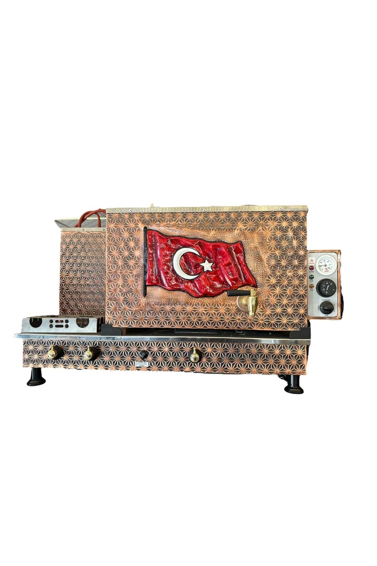 Meşale 3 Demlikli Antik Bakır Türk Bayraklı Full Otomatik Çay Kazanı