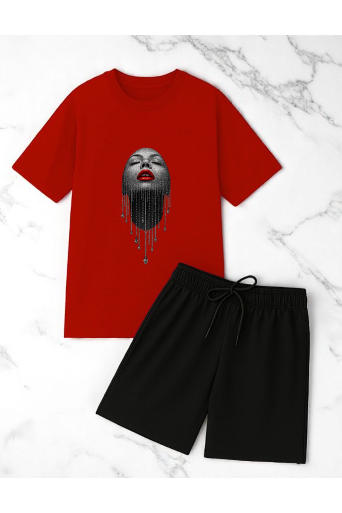 uyguntarz Unisex Pırlantalı Kadın Portresi Tasarım Basklı Tshirt Şort Takımı