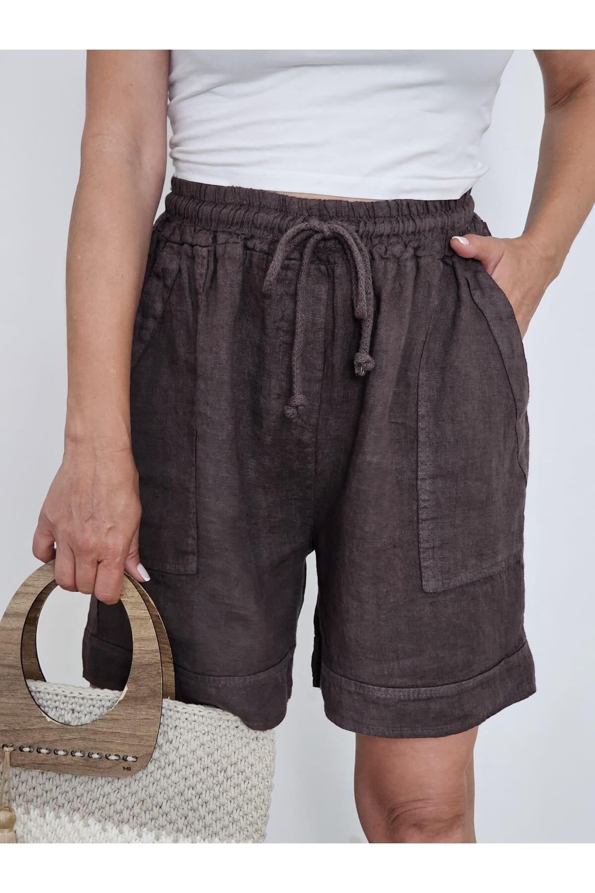 Felix Butik FELİX13757 Bel Lastikli İthal Keten Kahverengi Şort