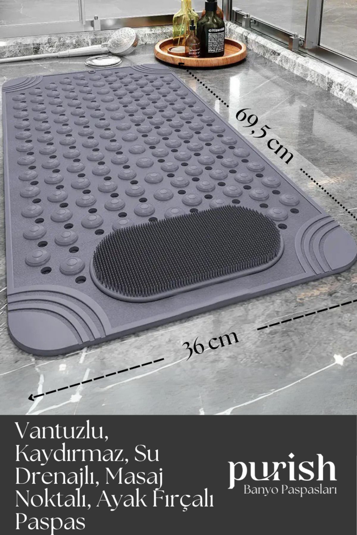 Purish | Banyo Duş Küvet Için Vantuzlu Kaydırmaz, Su Drenajlı, Masaj Noktalı Paspas - Mat Gri - 69,5x36cm