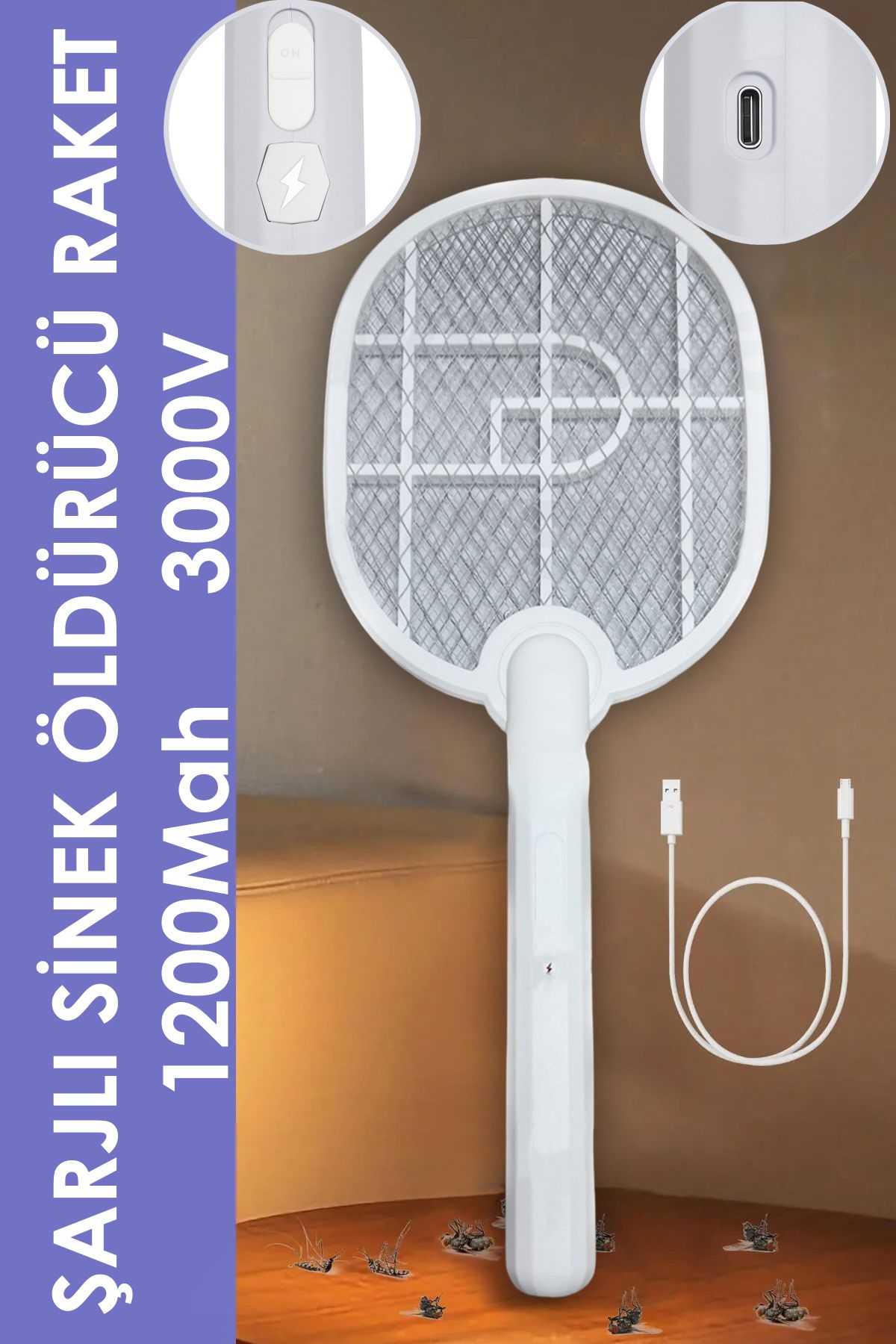 nextbuy USB Şarjlı Elektrikli Sivrisinek Öldürücü Kovucu Raket Sinek Öldürücü Sineksavar Beyaz USB-016
