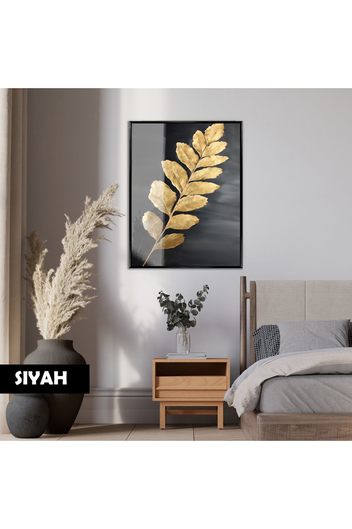 Harikabirev HARİKABİREV|PARLAK GOLD YAPRAK MODELİ 01 |ÇERÇEVELİ TEMPERLİ CAM TABLO TEKLİ DİKEY