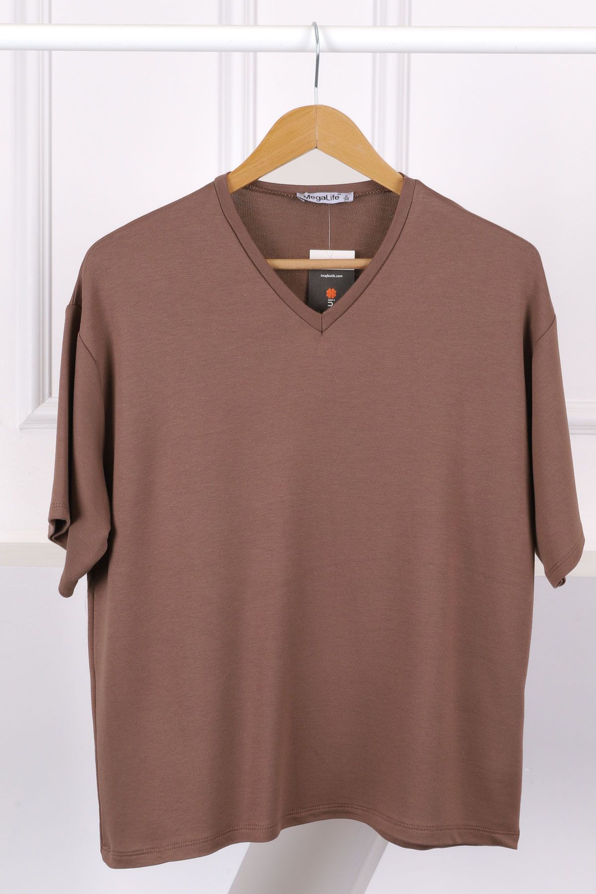 İmajButik Kahverengi V Yaka Kısa Kol T-Shirt