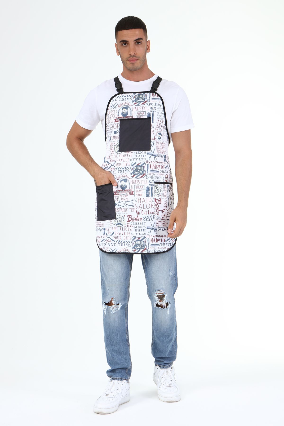 The Barber Fashion Proapron Penuarı Barber Desenli Beyaz Proapron cepli berber Önlüğü Barbers proapron