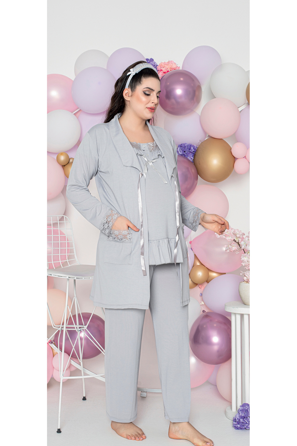 JENİKA-Maternity Long-Sleeved Collar Openable Button Lace and Ruffle Detailed 3-Piece Pajama Set 1