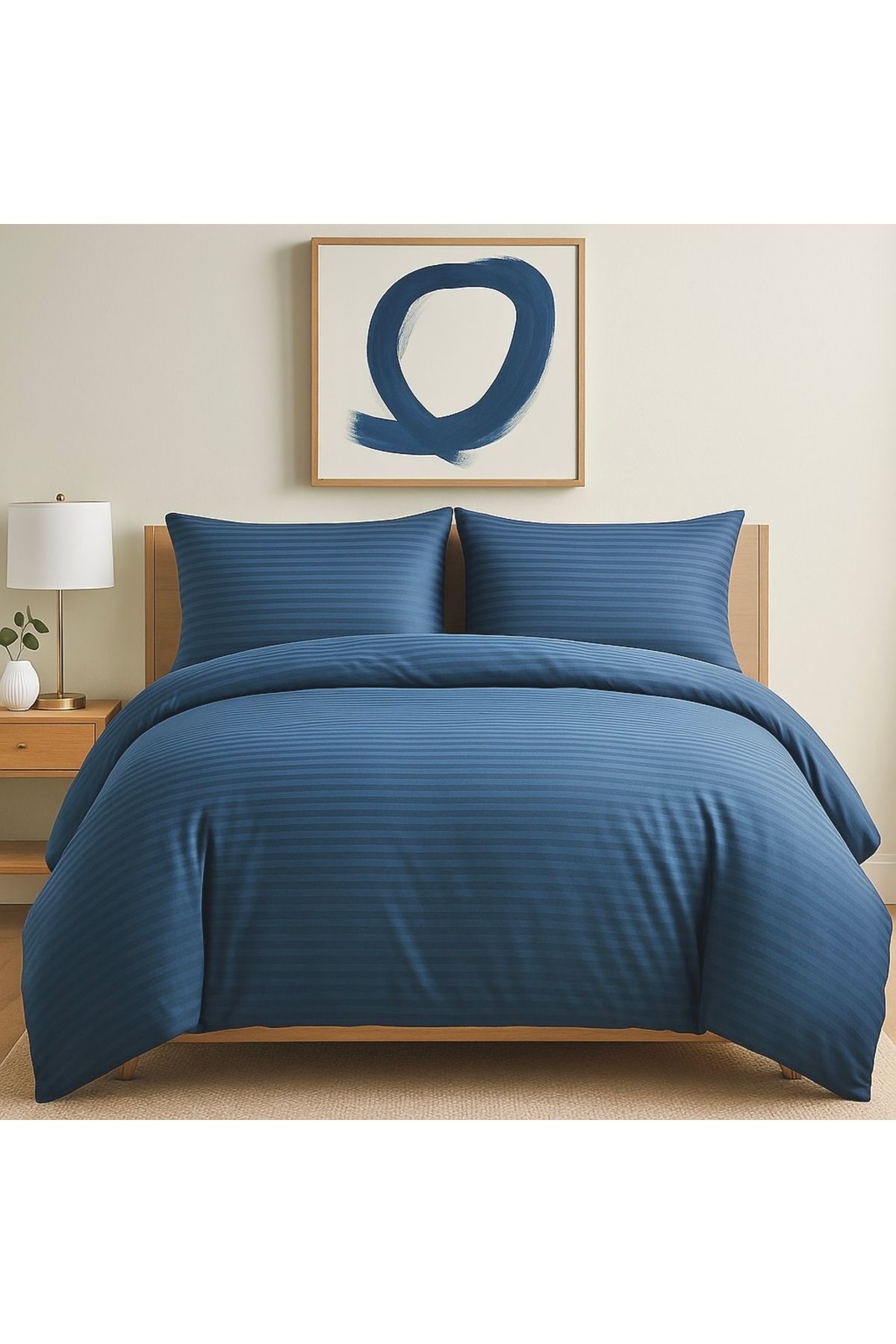 Prime Sleeks Çift Kişilik Çizgili Saten Nevresim Takımı, 200x220cm, İndigo
