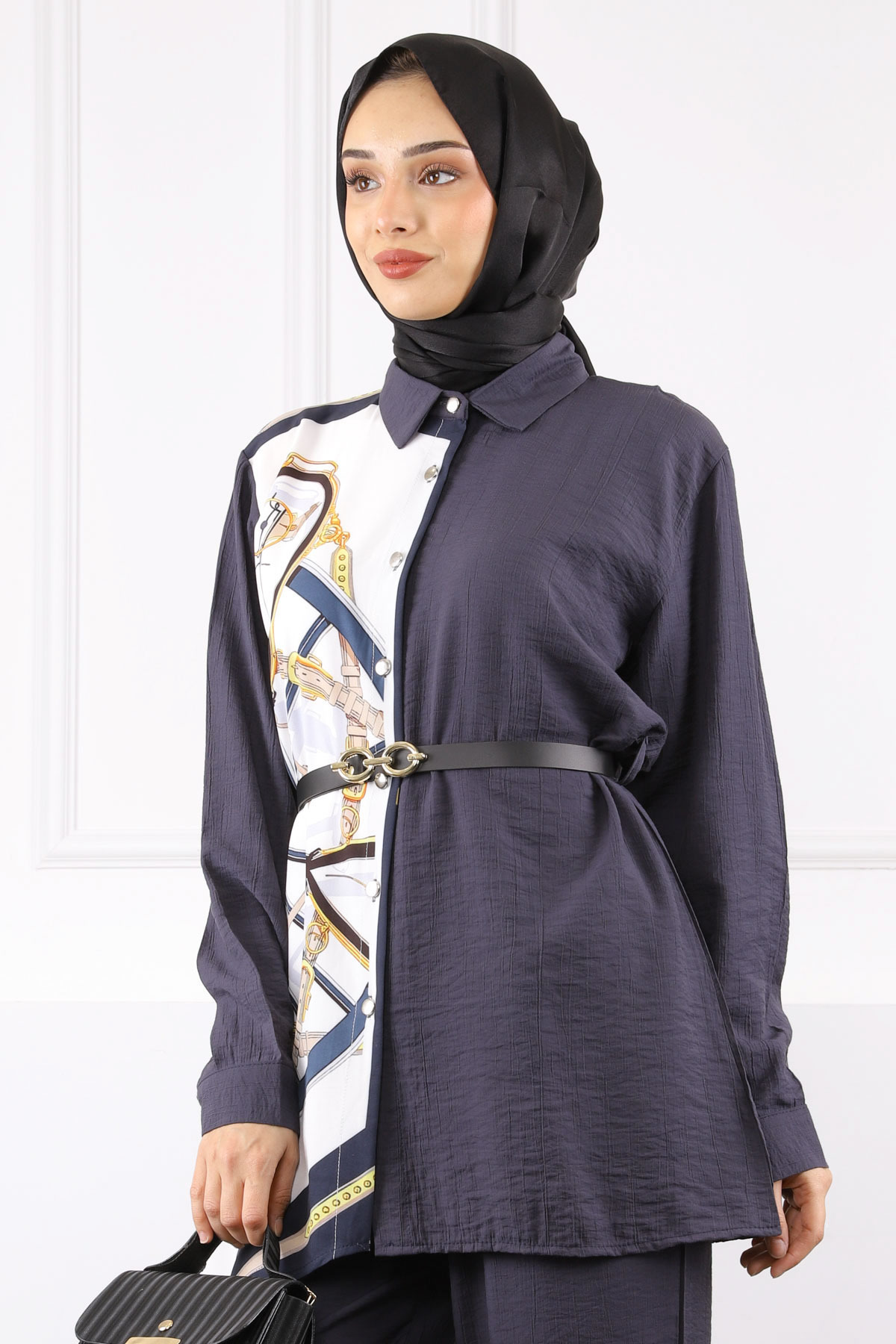 İmajButik-Anthracite Patterned Modal Tunic Trouser Suit 4
