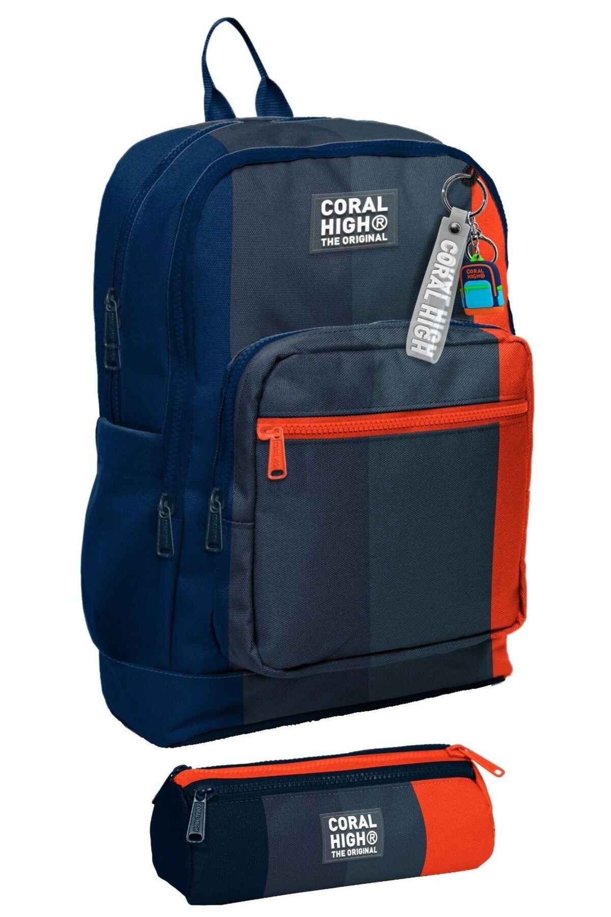 Coral High İlkokul Erkek Çocuk Dört Gözlü Sırt Çantası ve Kalemlik Seti- Siyah Renkli Çizgili
