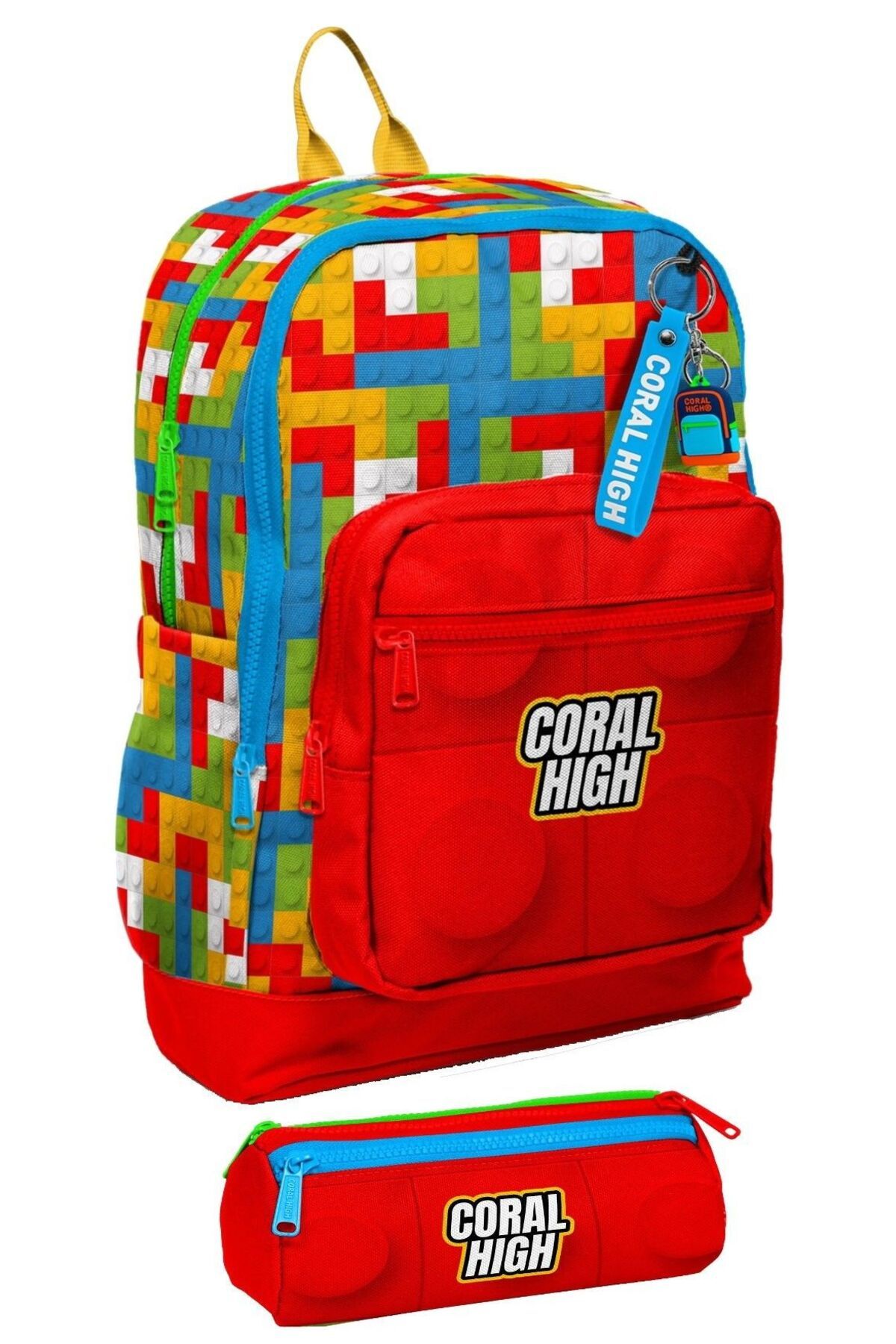 Coral High İlkokul Erkek Çocuk Dört Gözlü Sırt Çantası ve Kalemlik Seti- Kırmızı Yapı Blokları