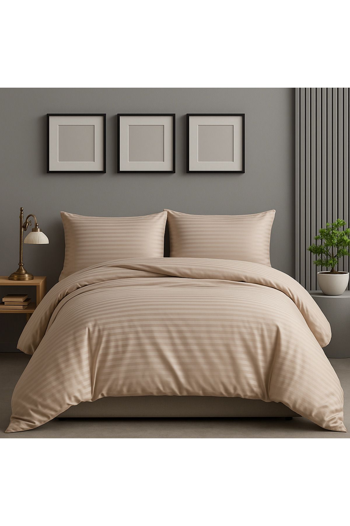 Prime Sleeks Çift Kişilik Çizgili Saten Nevresim Takımı, 200x220cm, Kapuçino