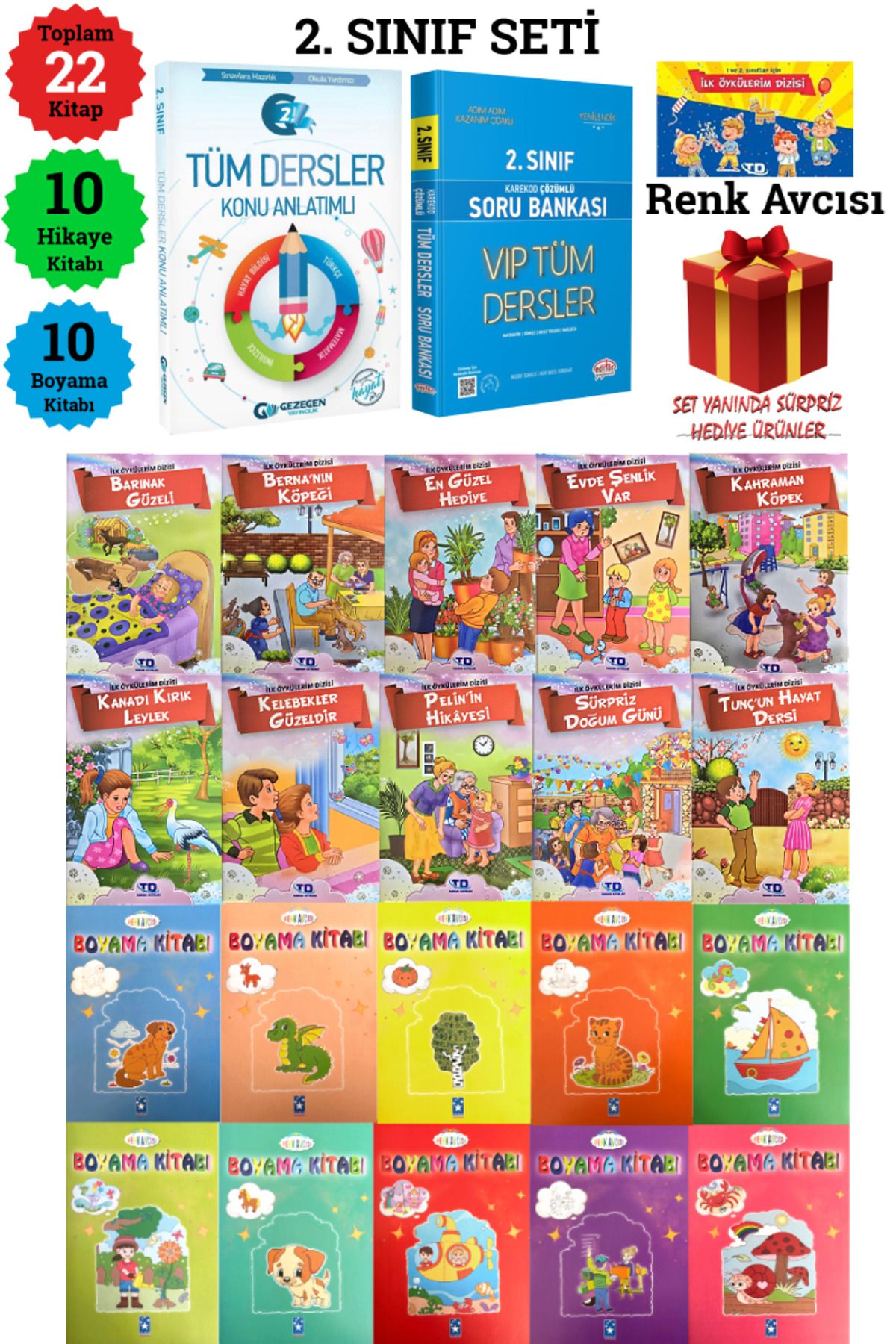 Gezegen Yayıncılık 22 Kitaplı 2. Sınıf Seti: Konu+ Soru+ 10 İlk Öykülerim Hikaye Dizisi+ 10 Boyama Kitabı+ Hediye