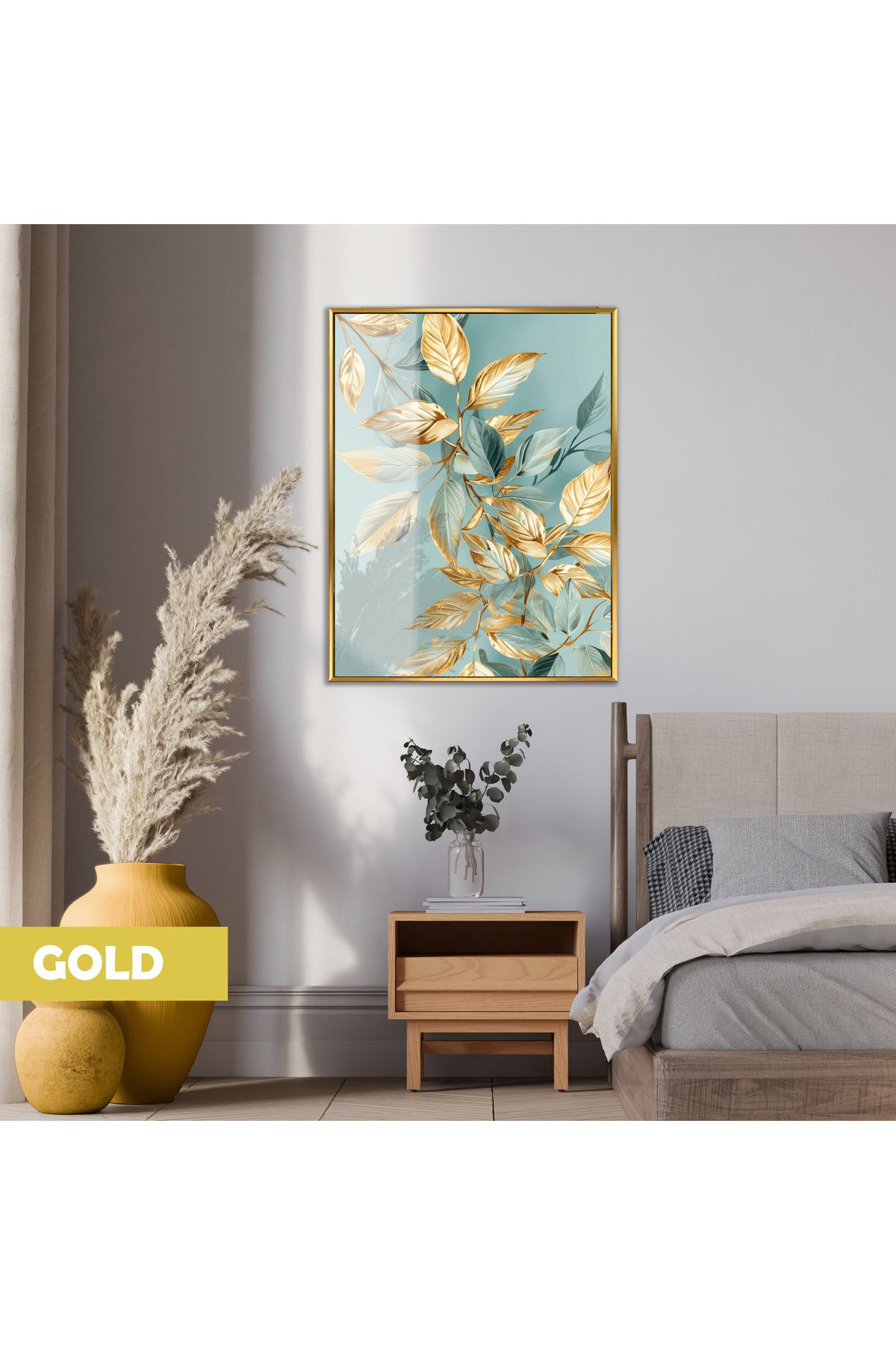 Harikabirev HARİKABİREV|GOLD-TURKUAZ YAPRAK MODELİ (SOFT)|ÇERÇEVELİ TEMPERLİ CAM TABLO TEKLİ DİKEY