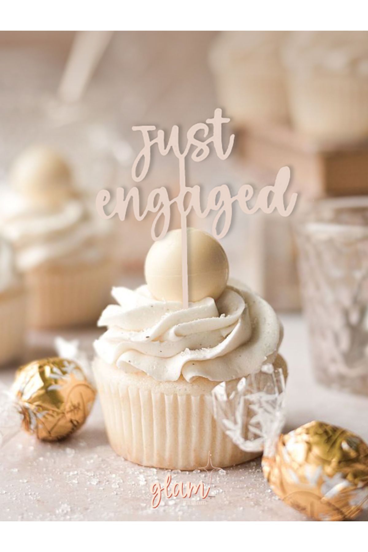 GLAM DEKORASYON Krem Just Engaged 6'lı Modern Minimal Tarz Söz Nişan Cupcake Kek ve Tatlı Süsleri Pasta Kürdanı
