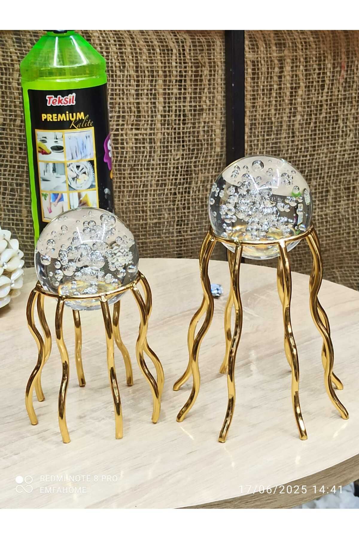 EMFAHOME 2'li Gold Ayaklı Cam Küre Dekor | Deniz Anası figürlü Modern Masa Üstü Dekor