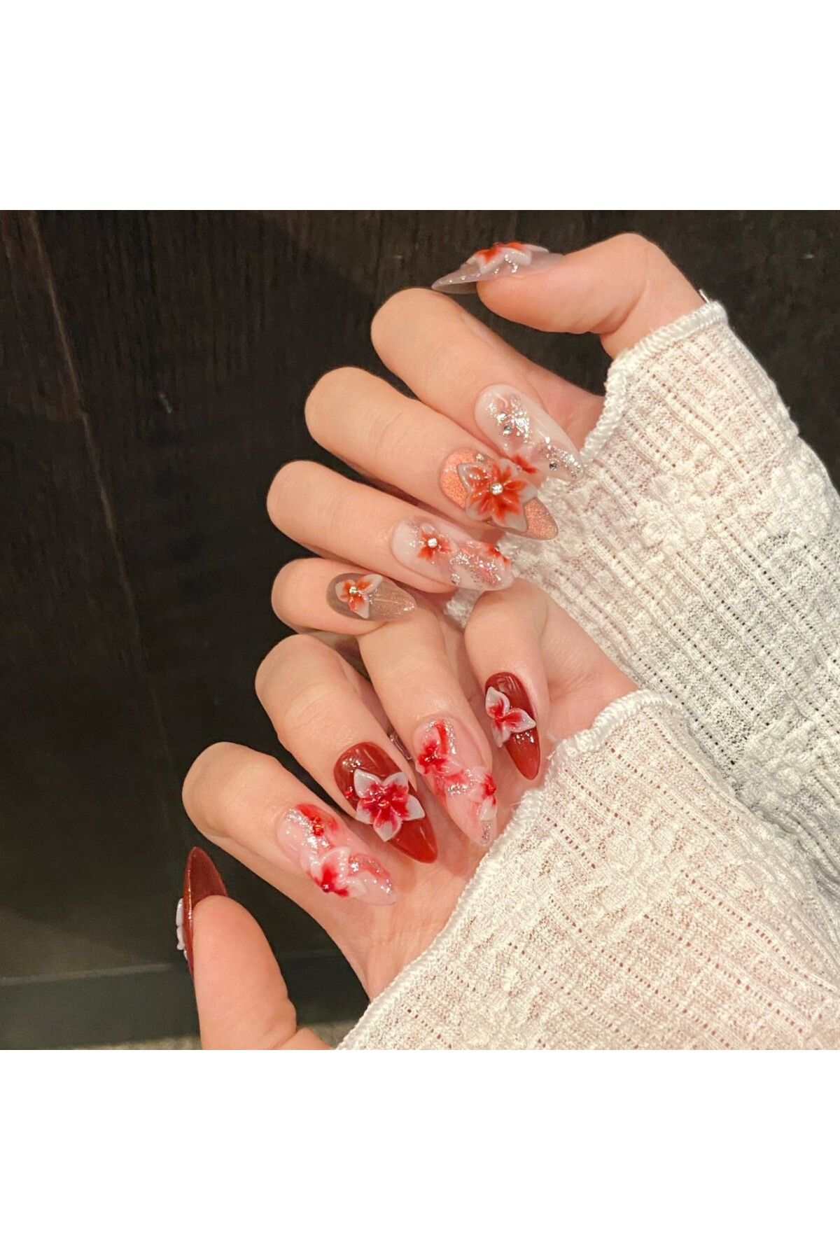Takma Takma Tekrar Kullanılabilir El Yapımı Protez Takma Tırnak TT1322 - Crimson Petal - 10'lu L-Kırmızı