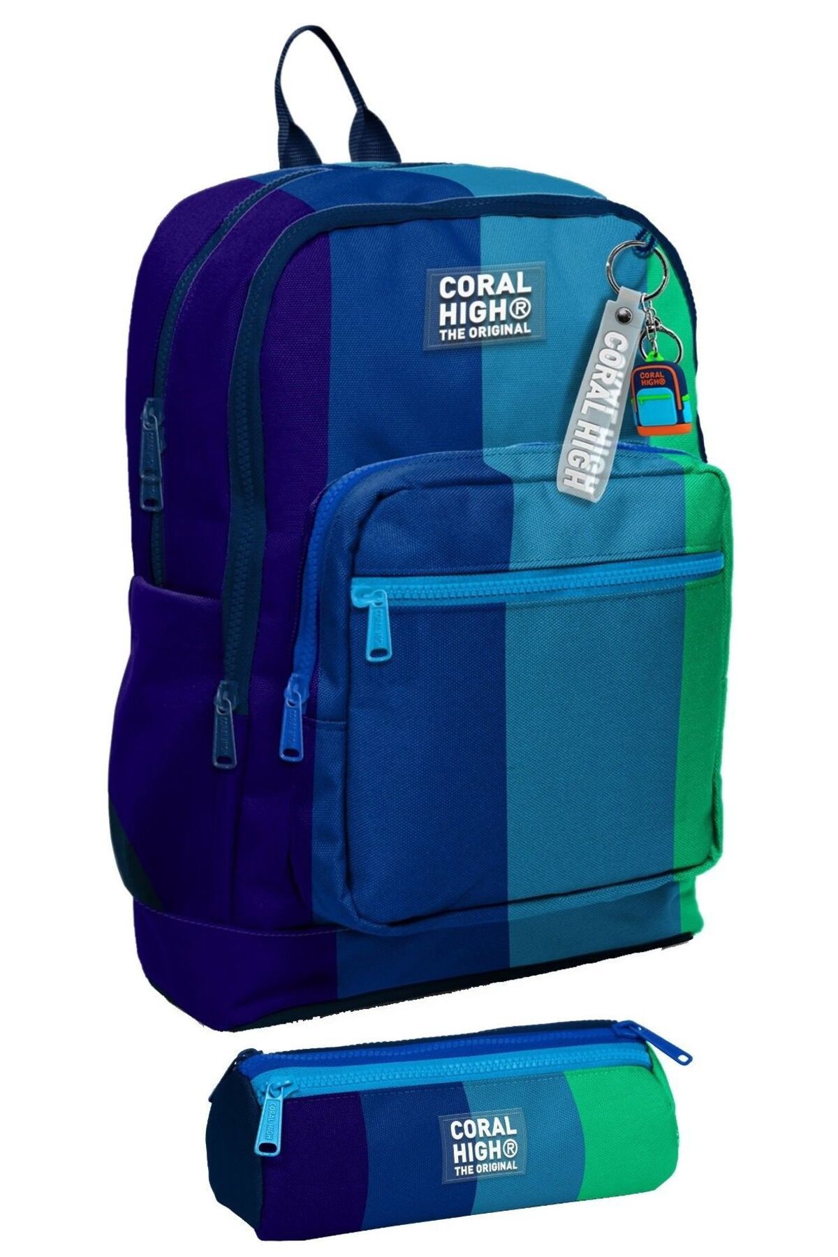 Coral High İlkokul Erkek Çocuk Dört Gözlü Sırt Çantası ve Kalemlik Seti- Lacivert Renkli Çizgili