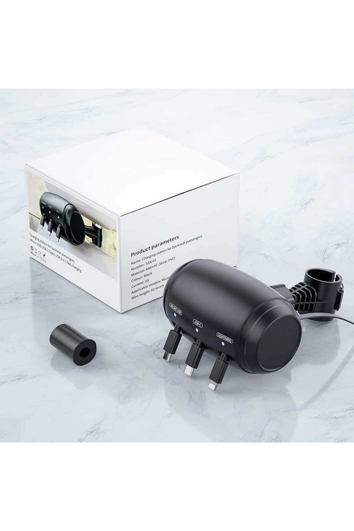 Quasar & Co.-3 In 1 Car Charging Station, Retractable, Compatible Android, Ios, Type C, Black 8