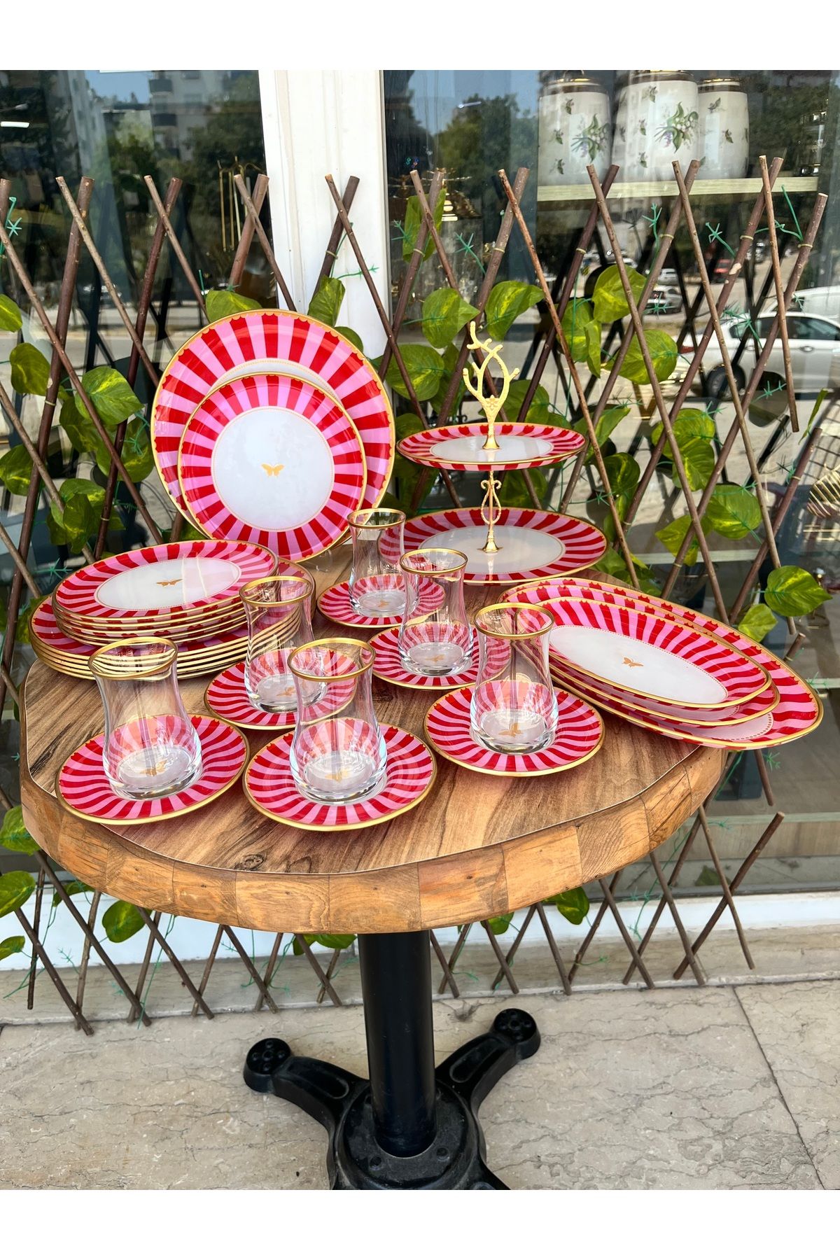 GÜRCÜGLASS Pembe kelebek 28 prç kahvaltı seti