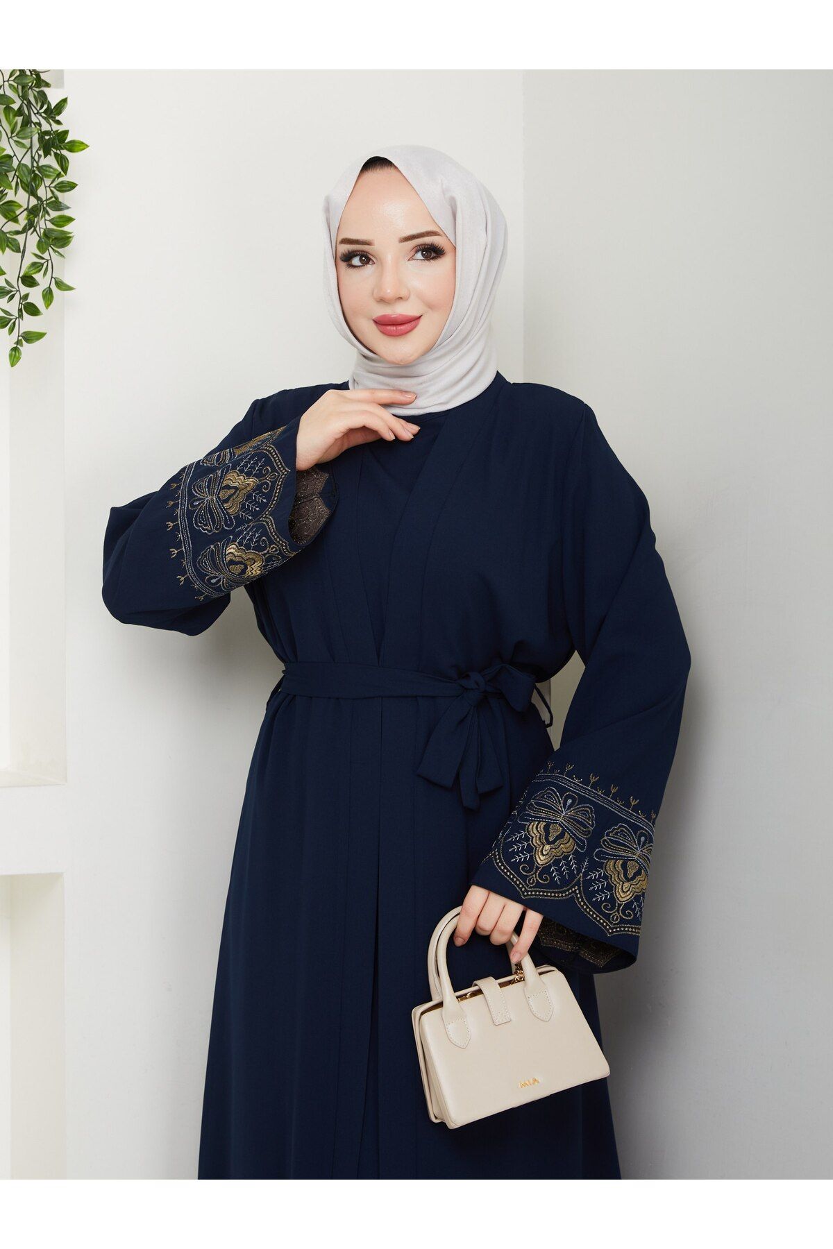 MUDUTEKSTİL İç Elbiseli Kolu Nakışlı Abaya Takım Lacivert