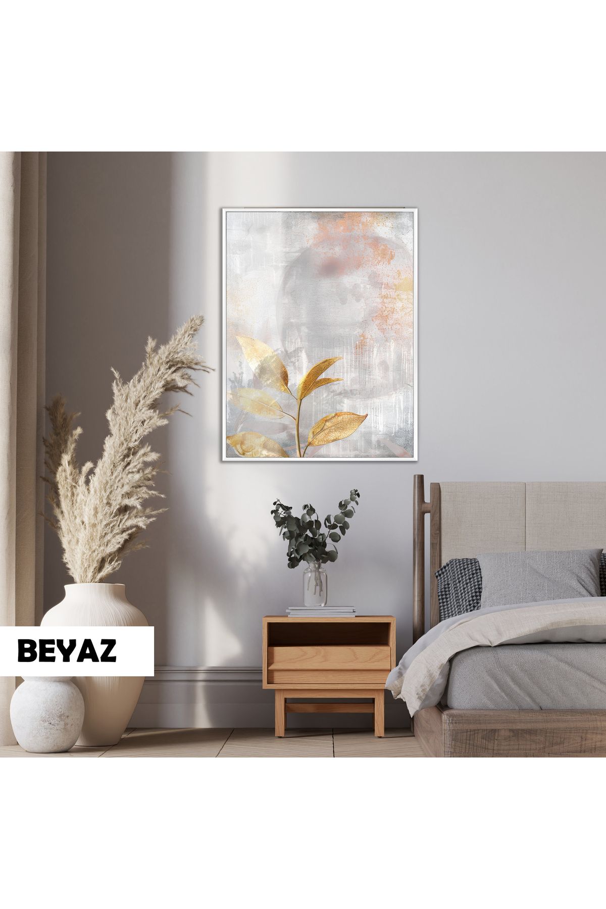 Harikabirev HARİKABİREV|GRİ-GOLD MODERN YAPRAK MODELİ |ÇERÇEVELİ TEMPERLİ CAM TABLO TEKLİ DİKEY