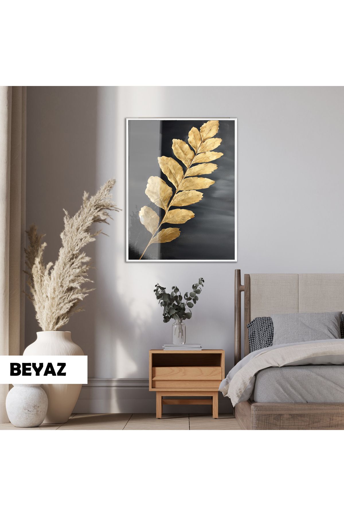 Harikabirev HARİKABİREV|PARLAK GOLD YAPRAK MODELİ 01 |ÇERÇEVELİ TEMPERLİ CAM TABLO TEKLİ DİKEY