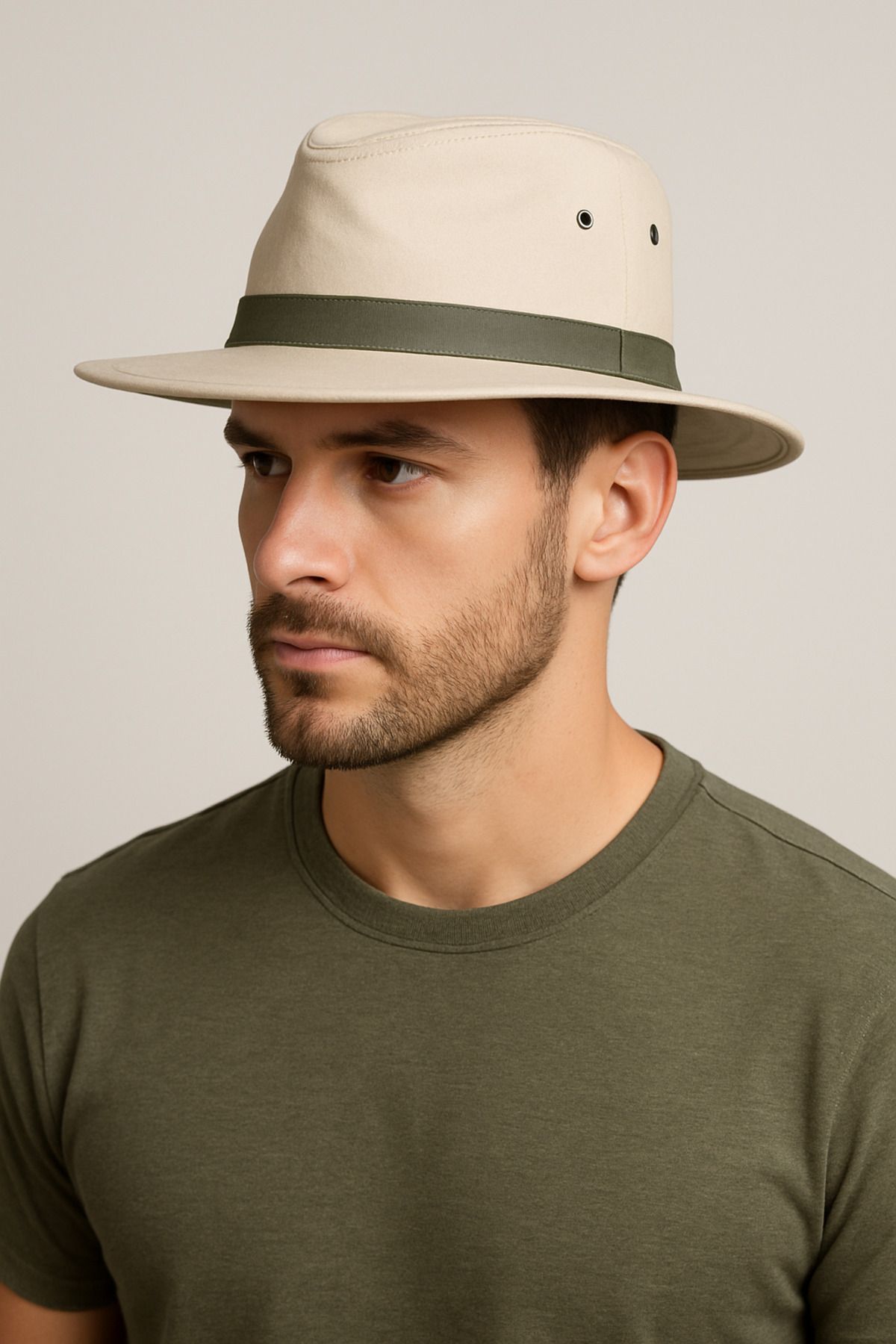 CosmoOutlet Yeşil Bant Detaylı Erkek Safari Outdoor Model Bej Fötr Şapka