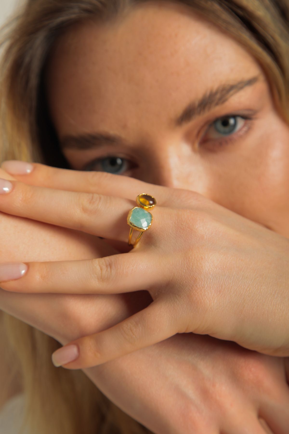 Soa Jewellery Amazonit & Sitrin Taşlı İkili Sıvama Yüzük