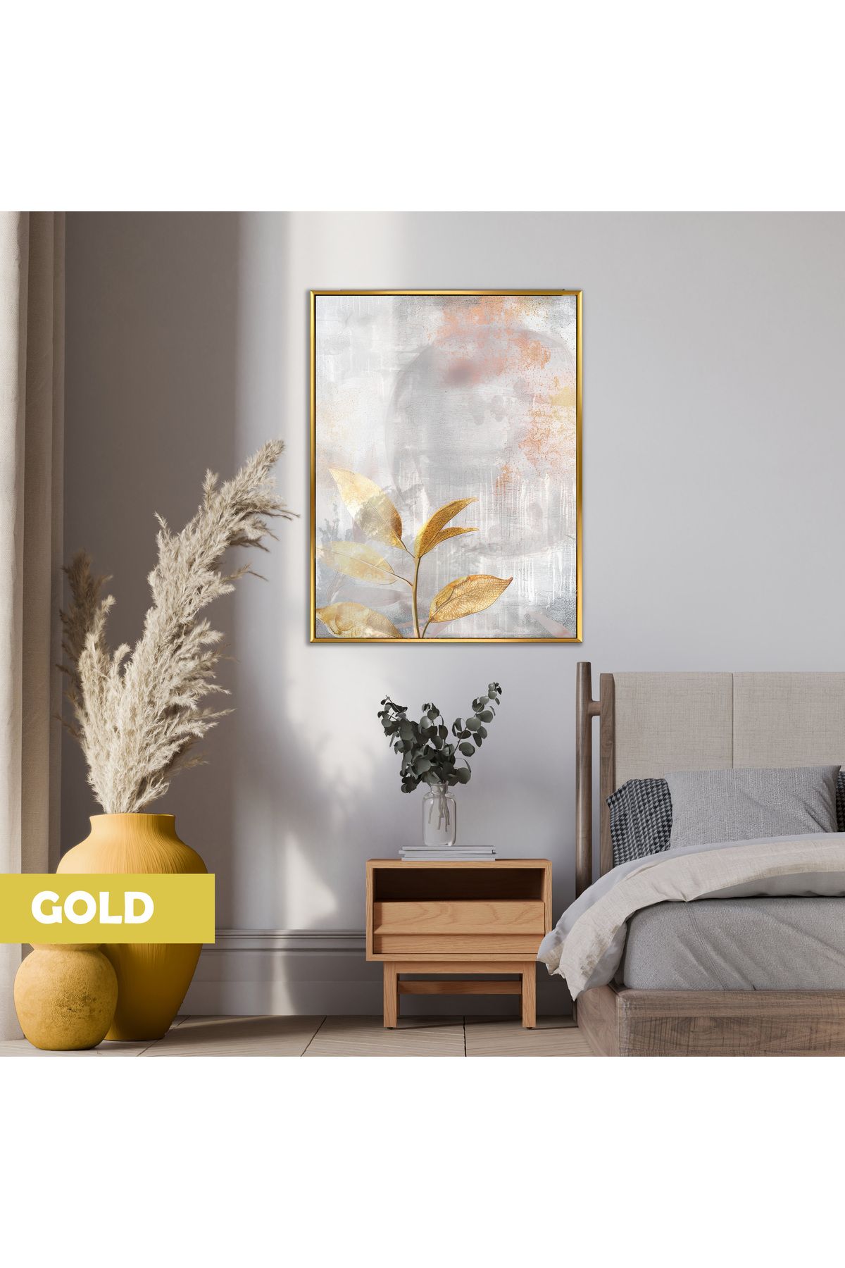 Harikabirev HARİKABİREV|GRİ-GOLD MODERN YAPRAK MODELİ |ÇERÇEVELİ TEMPERLİ CAM TABLO TEKLİ DİKEY